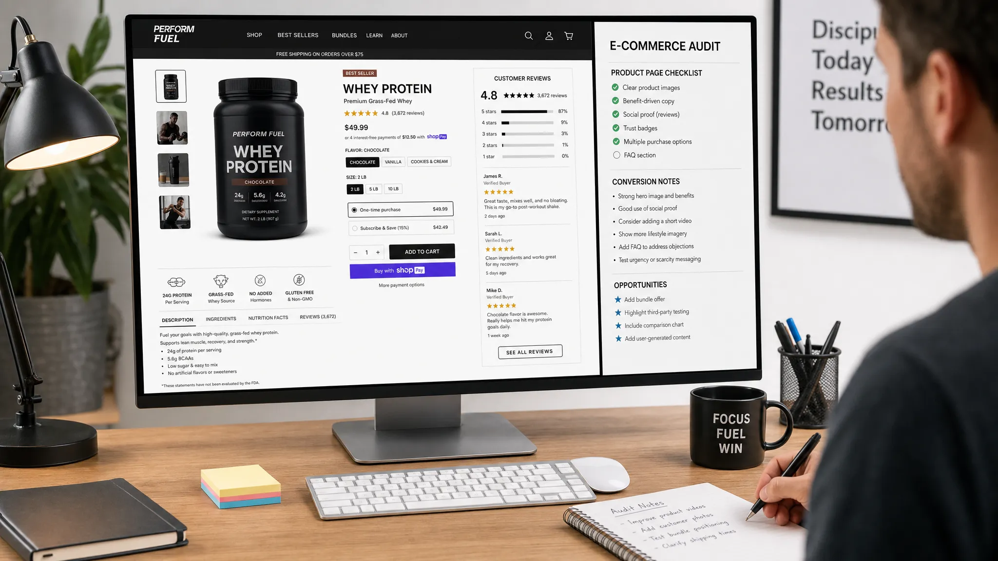 A detailed ecommerce product page audit in progress, showing product images, customer reviews, benefit-focused copy, checkout buttons, and conversion notes arranged around a sports nutrition product on a desktop monitor.