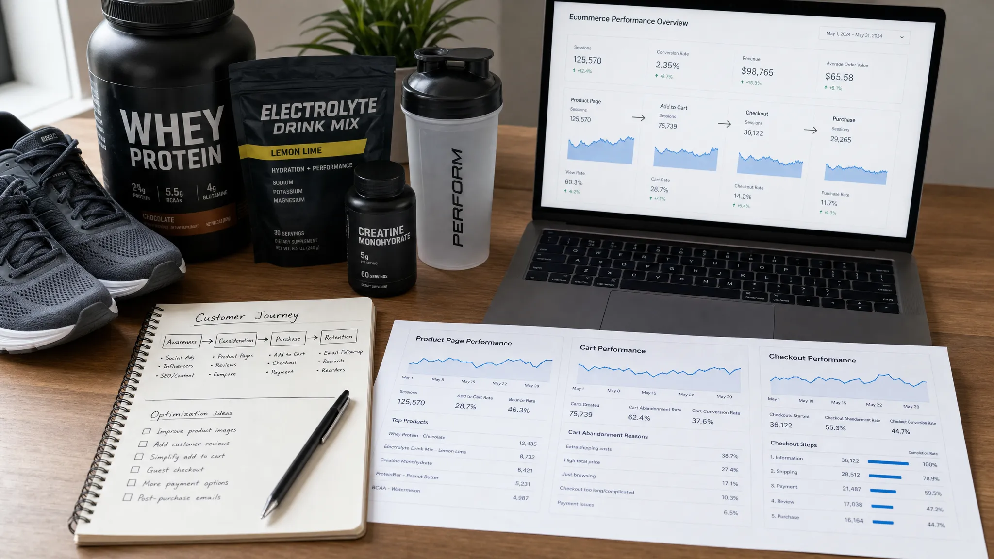A workspace table with sports nutrition products, running shoes, customer journey notes, and printed ecommerce analytics charts showing product page, cart, and checkout performance.