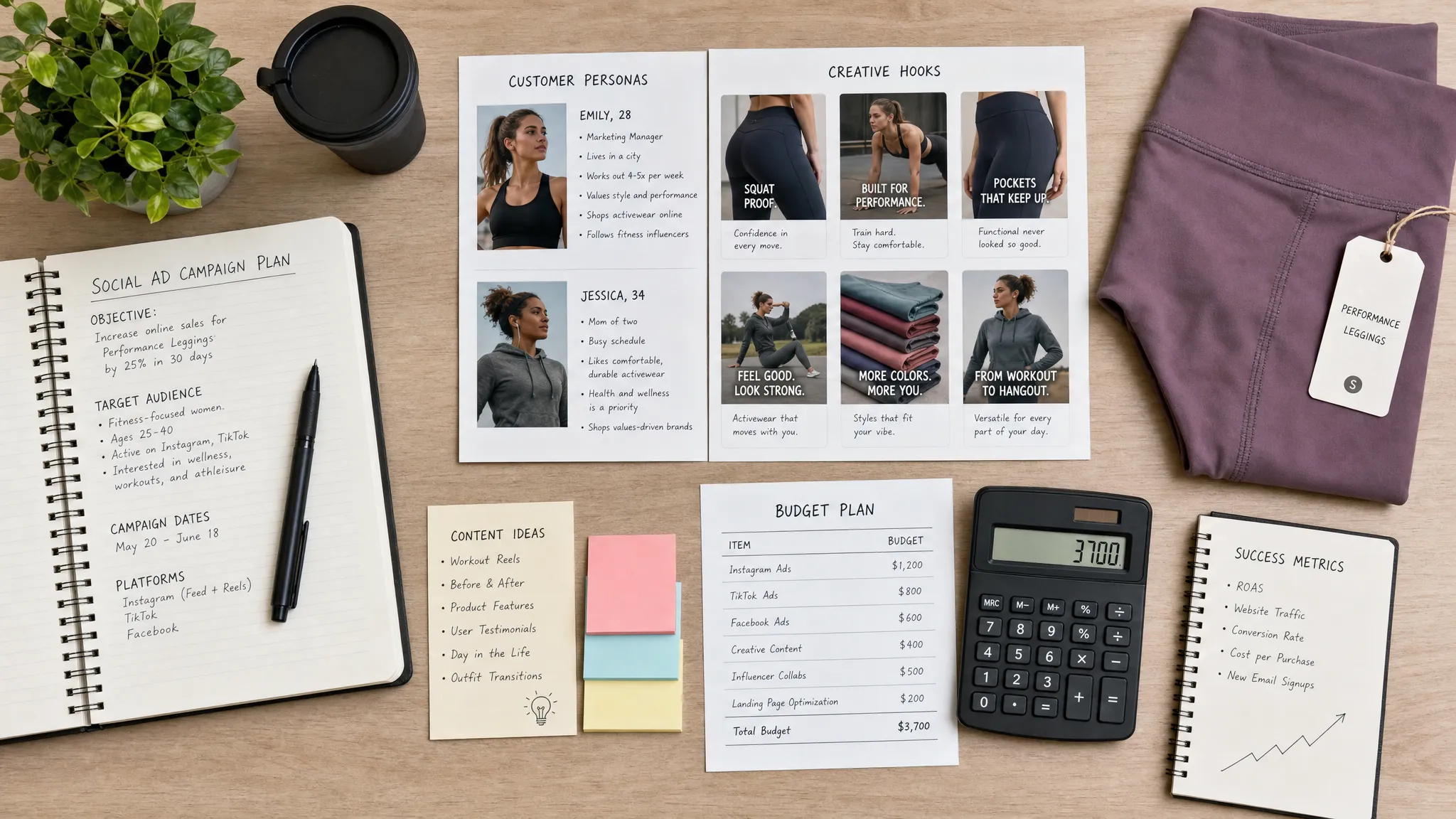 A top-down flat lay of a social ad campaign planning desk with product samples, customer persona notes, creative hook cards, budget calculations, and a fitness apparel item arranged in tidy clusters.