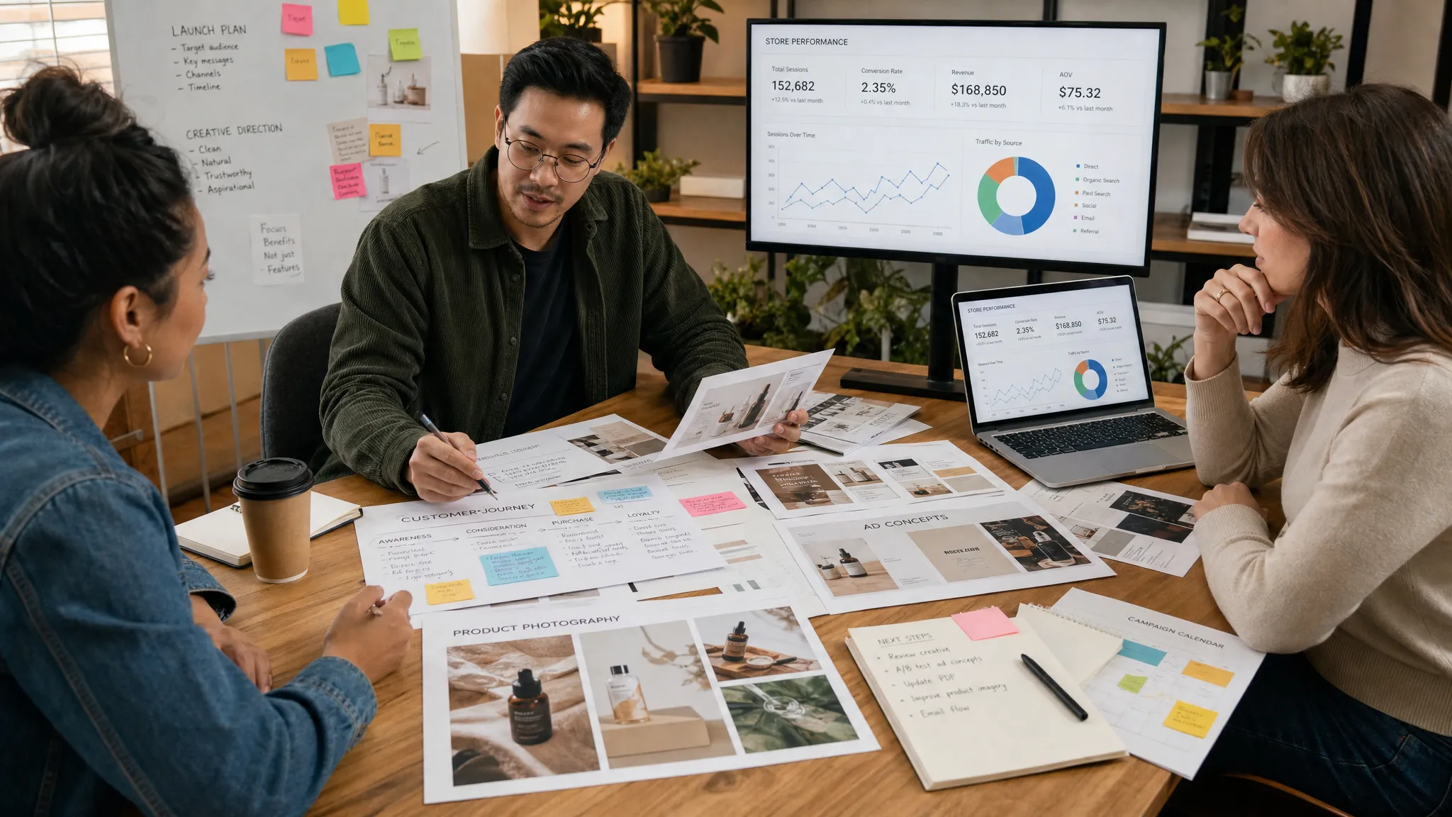 A medium view of an ecommerce team reviewing product photography, ad concepts, customer journey notes, and conversion metrics spread across a workspace, showing how creative strategy connects to online store performance.