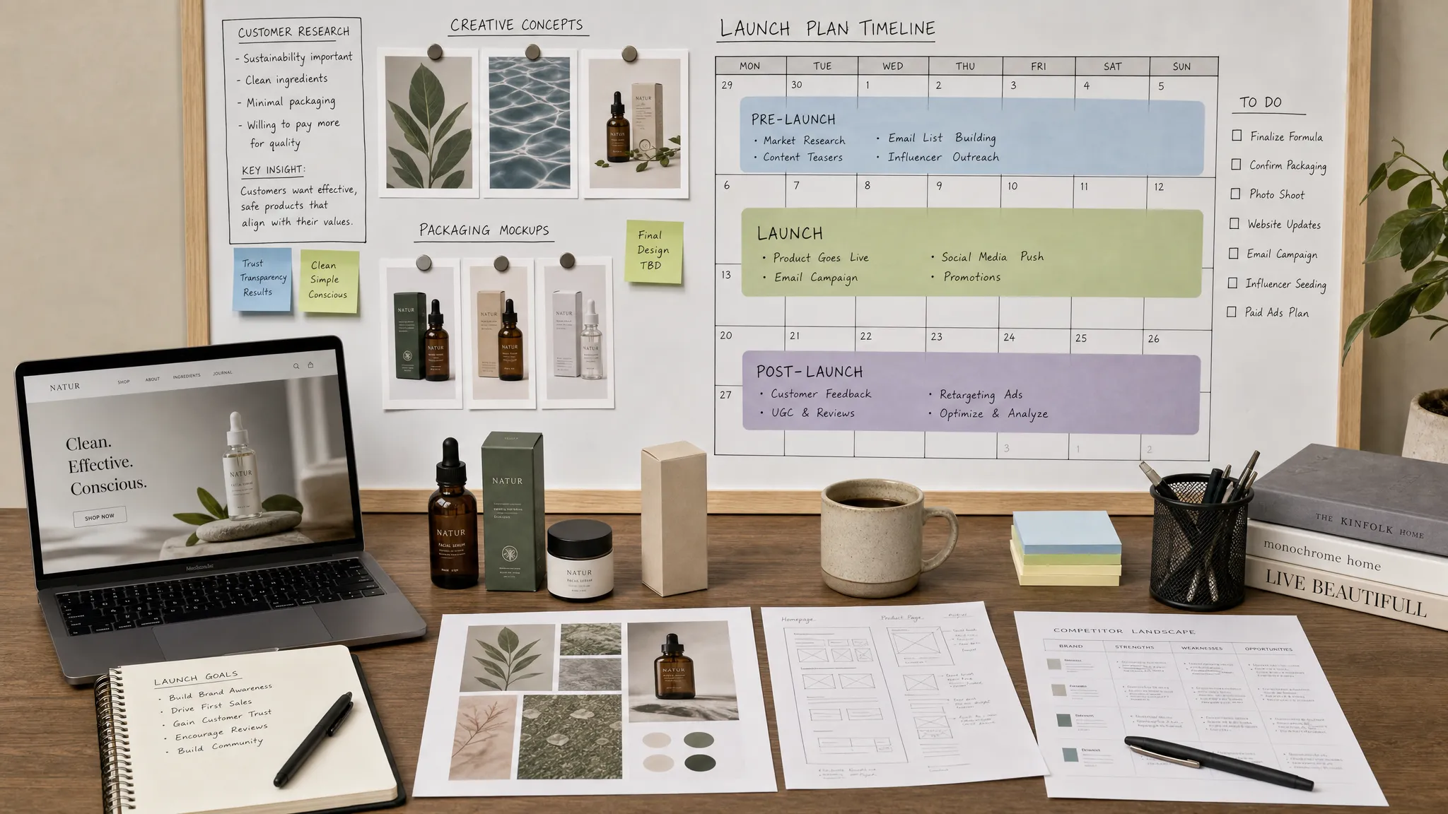 A launch planning workspace with product samples, customer research notes, creative concepts, packaging mockups, and a calendar showing pre-launch, launch, and post-launch phases for an ecommerce brand.