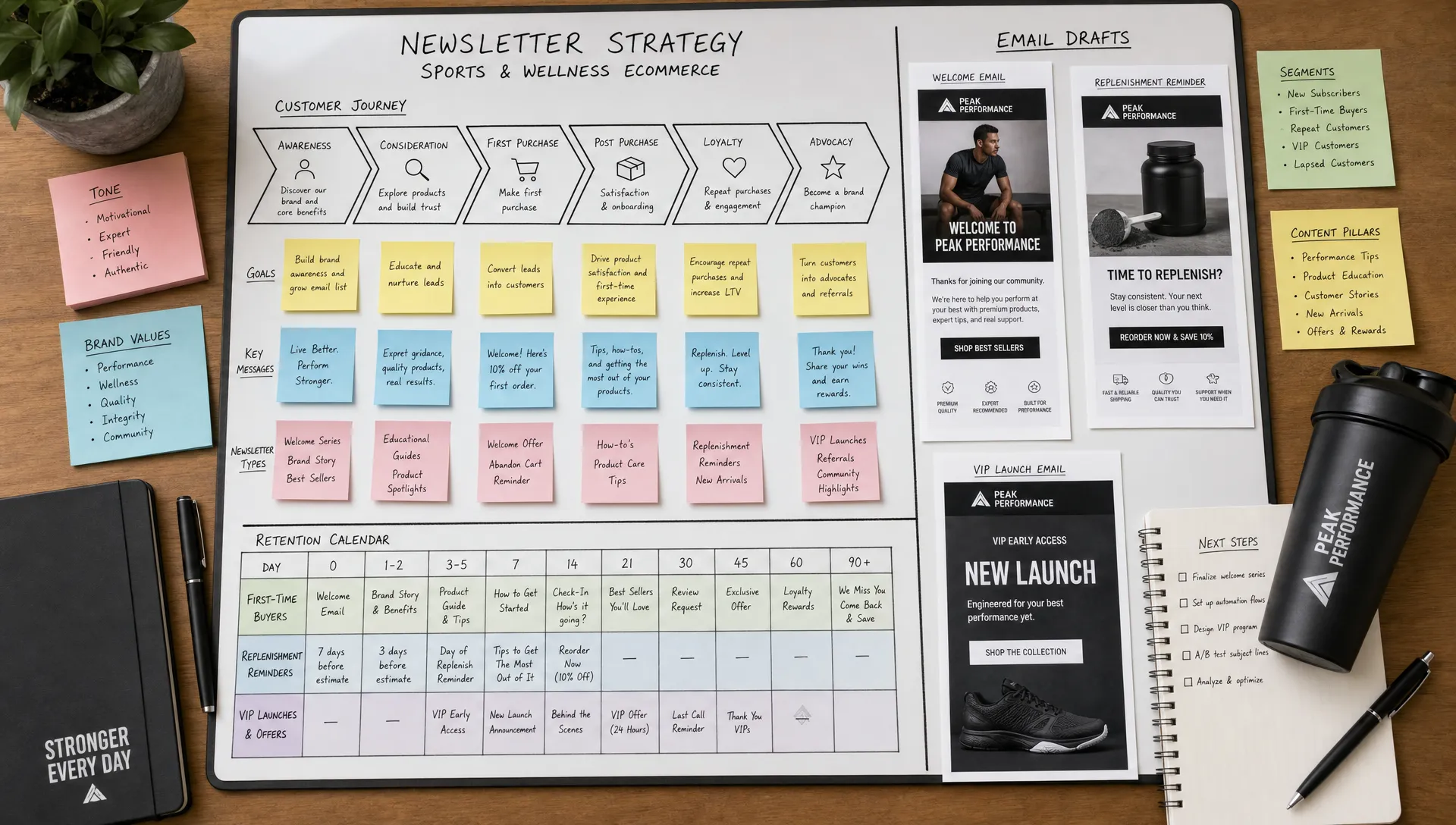 A close-up overhead view of a newsletter planning board for a sports and wellness ecommerce brand, with customer journey stages, email draft pages, sticky notes, and a retention calendar for first-time buyers, replenishment reminders, and VIP launches.