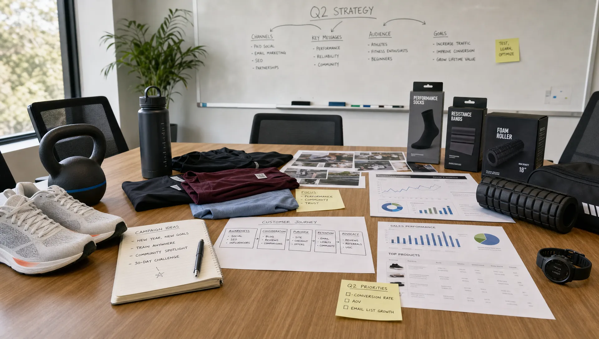 A conference table covered with sports product samples, campaign notes, customer journey sketches, and printed performance charts for an ecommerce brand strategy session.