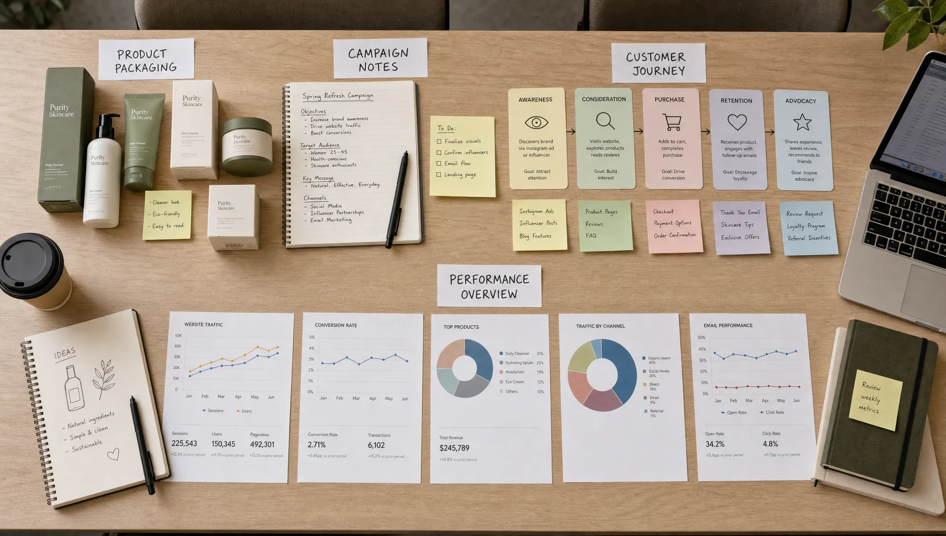 A top-down view of a workspace showing product packaging, campaign notes, customer journey cards, and printed performance charts arranged in connected clusters across a long table.