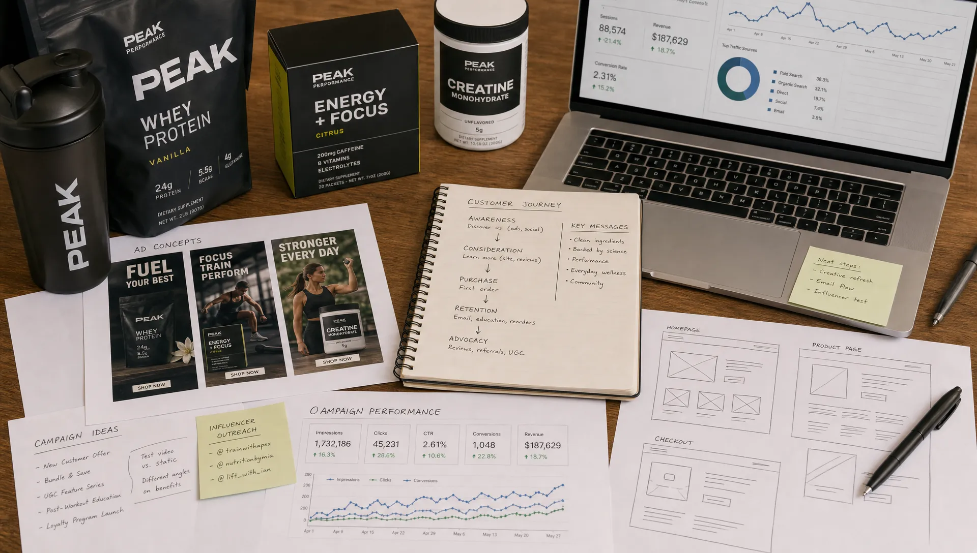 A sports and wellness ecommerce planning session with product packaging, ad concept sketches, customer journey notes, and campaign performance charts spread across a close-up tabletop view.