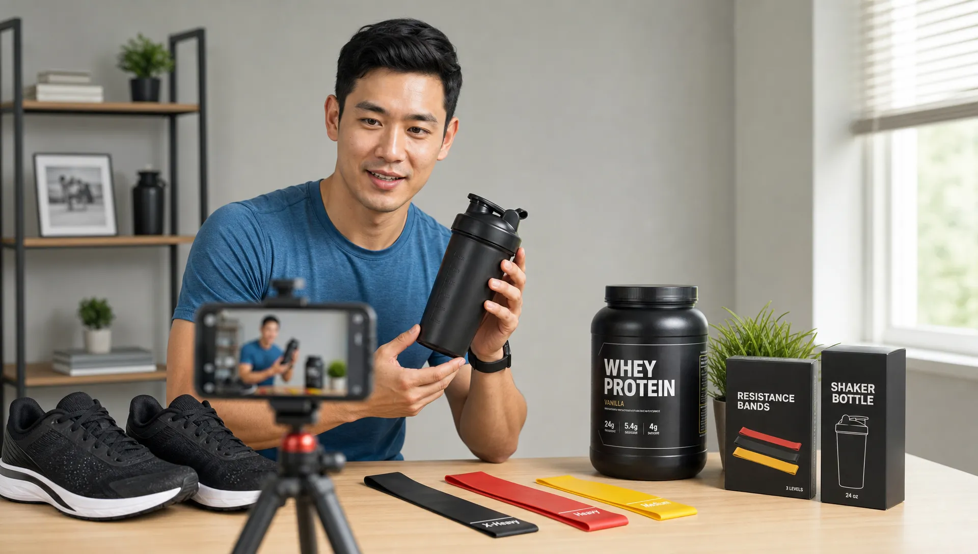 A creator recording short-form product demonstrations beside running shoes, a shaker bottle, resistance bands, and neatly arranged product packaging on a clean tabletop.
