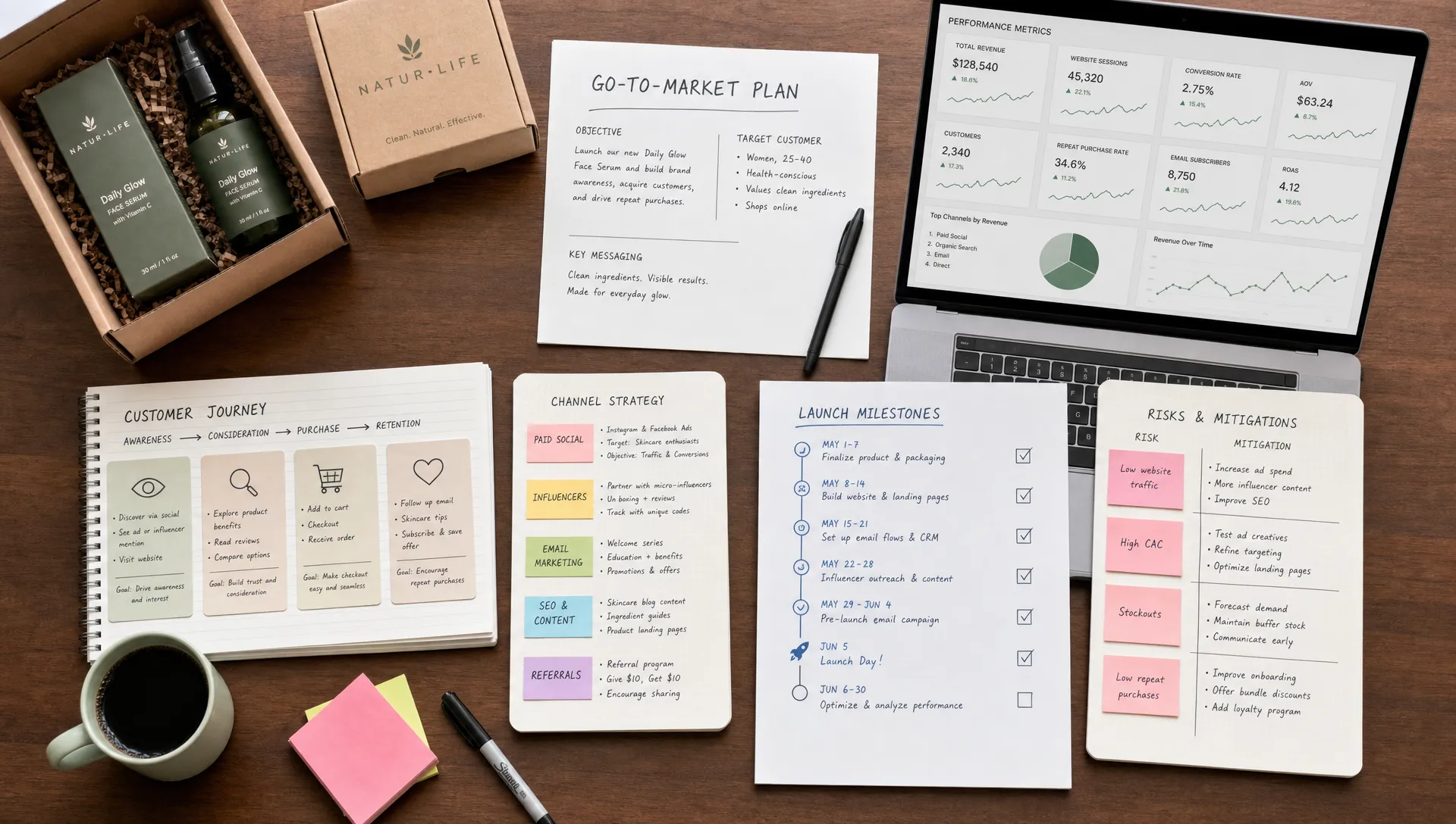 A D2C go-to-market planning workspace with product packaging, customer journey cards, channel notes, launch milestones, and performance metrics arranged on a table, shown in an overhead view with the items spread in distinct clusters.