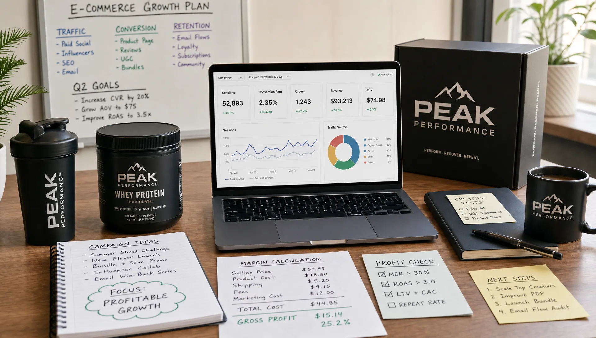 An ecommerce growth workspace showing product packaging, campaign notes, conversion metrics, and margin calculations arranged across a desk for a sports and wellness brand planning profitable growth.