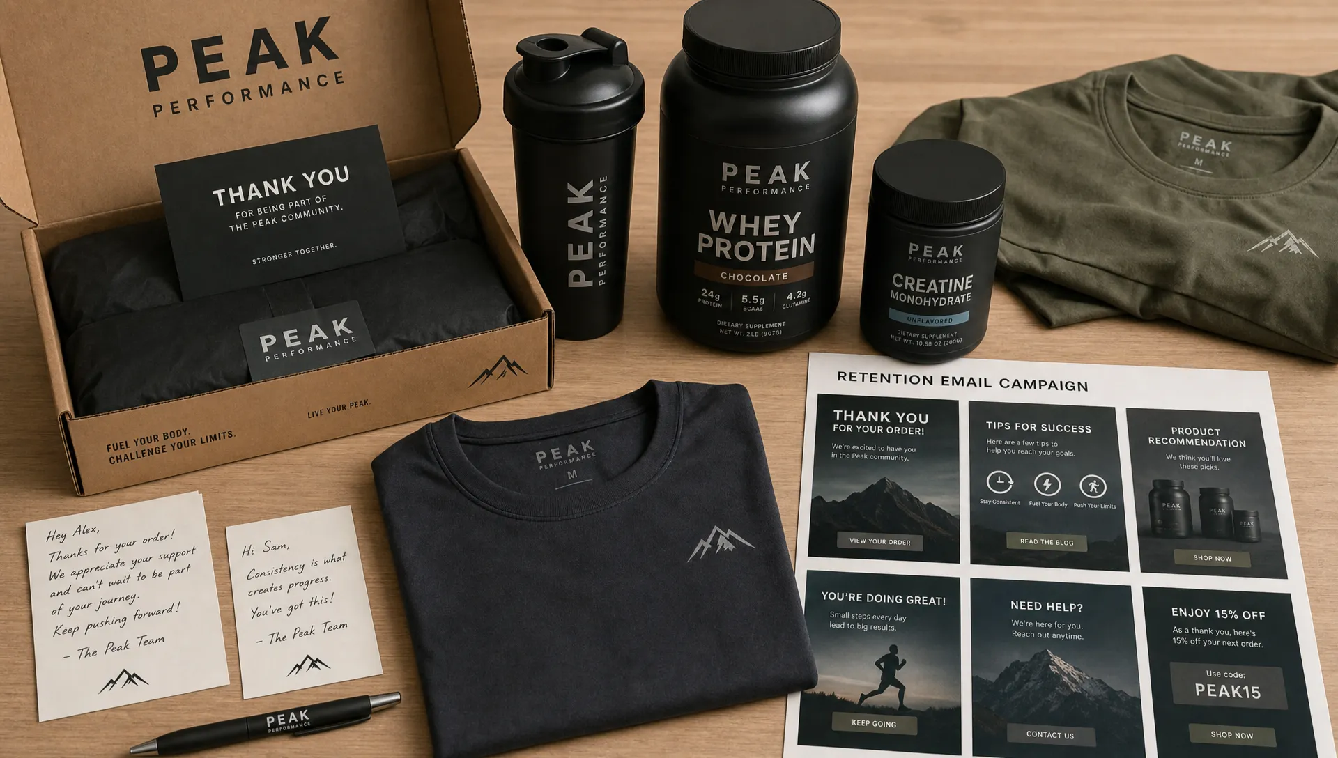 A tabletop scene showing ecommerce retention marketing materials for a sports and wellness brand, including product packaging, athletic apparel, supplement containers, handwritten customer notes, and organized email campaign cards arranged on a worktable.