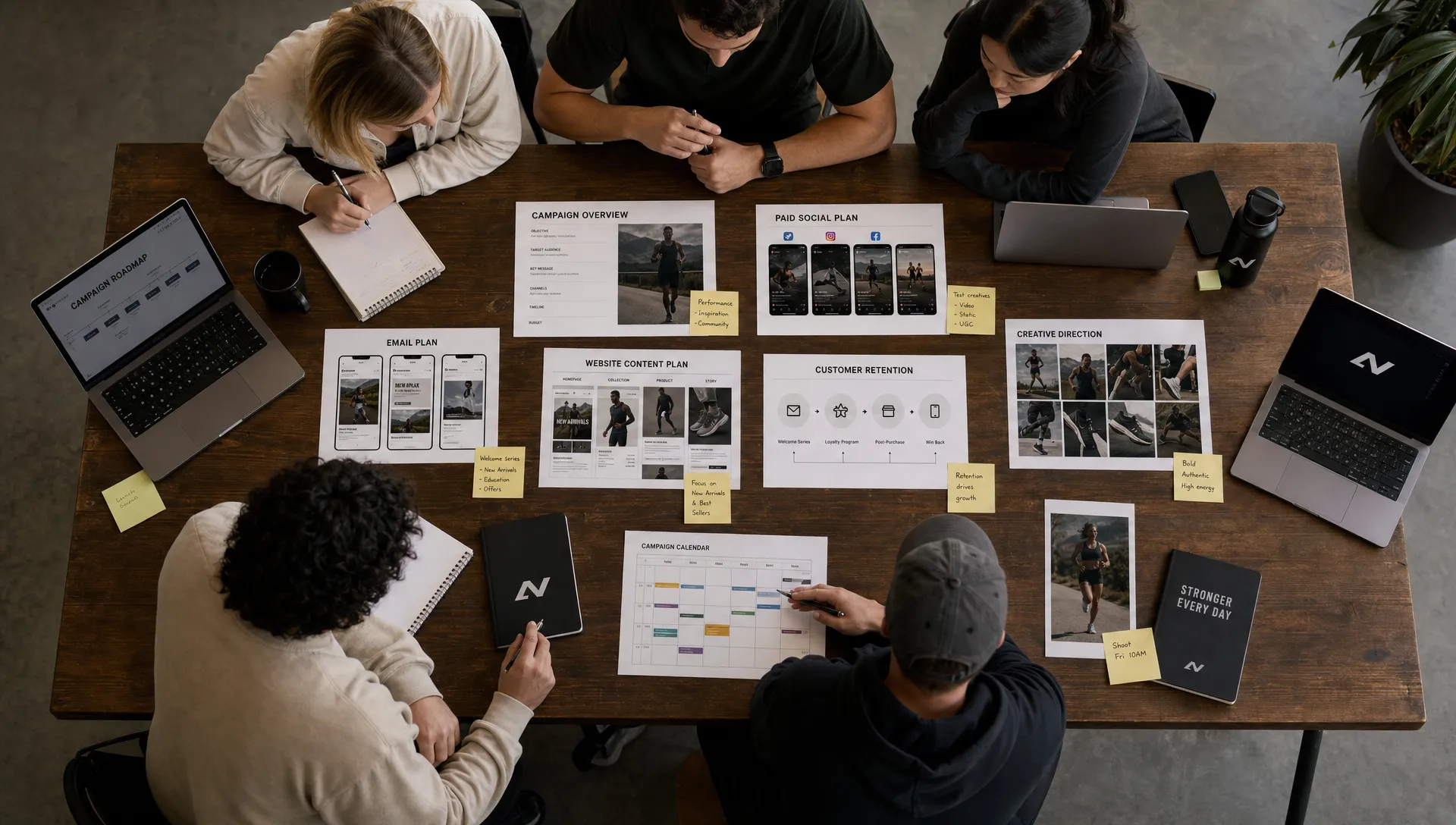 An ecommerce team planning an integrated campaign with email, paid social, website content, creative assets, and customer retention for a sports brand, shown from an overhead view with planning materials spread across the table.