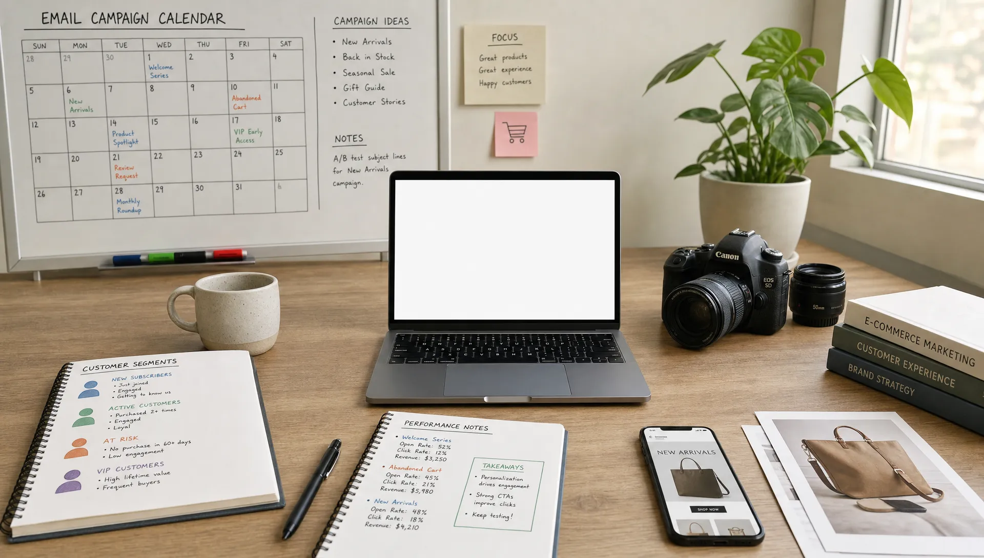 A modern ecommerce marketing workspace showing an email campaign calendar, customer segments, performance notes, and product photography arranged across a desk with a laptop facing the camera and a blank screen.