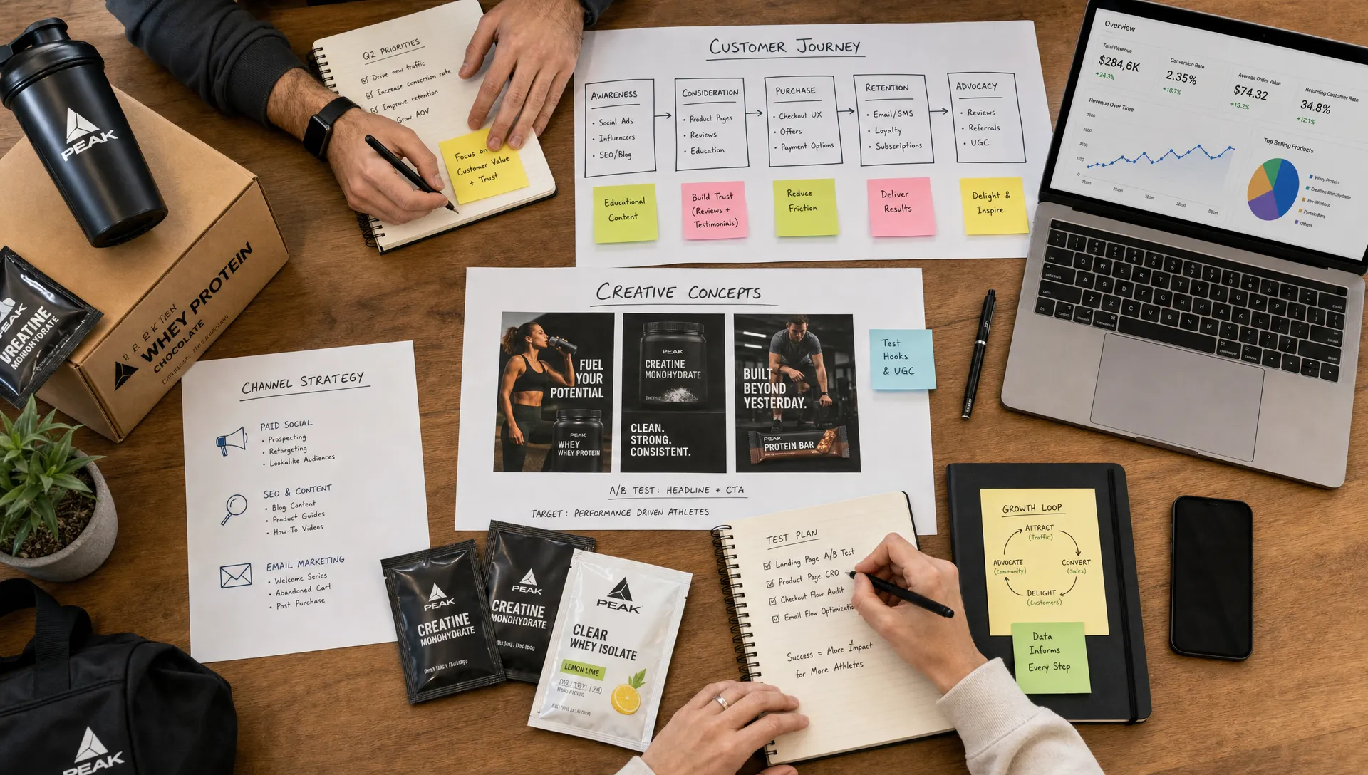 A sports and wellness ecommerce growth workspace with product packaging, customer journey notes, creative concepts, and performance charts arranged together to show how strategy, marketing, and conversion connect, viewed from an overhead angle on a shared planning table.