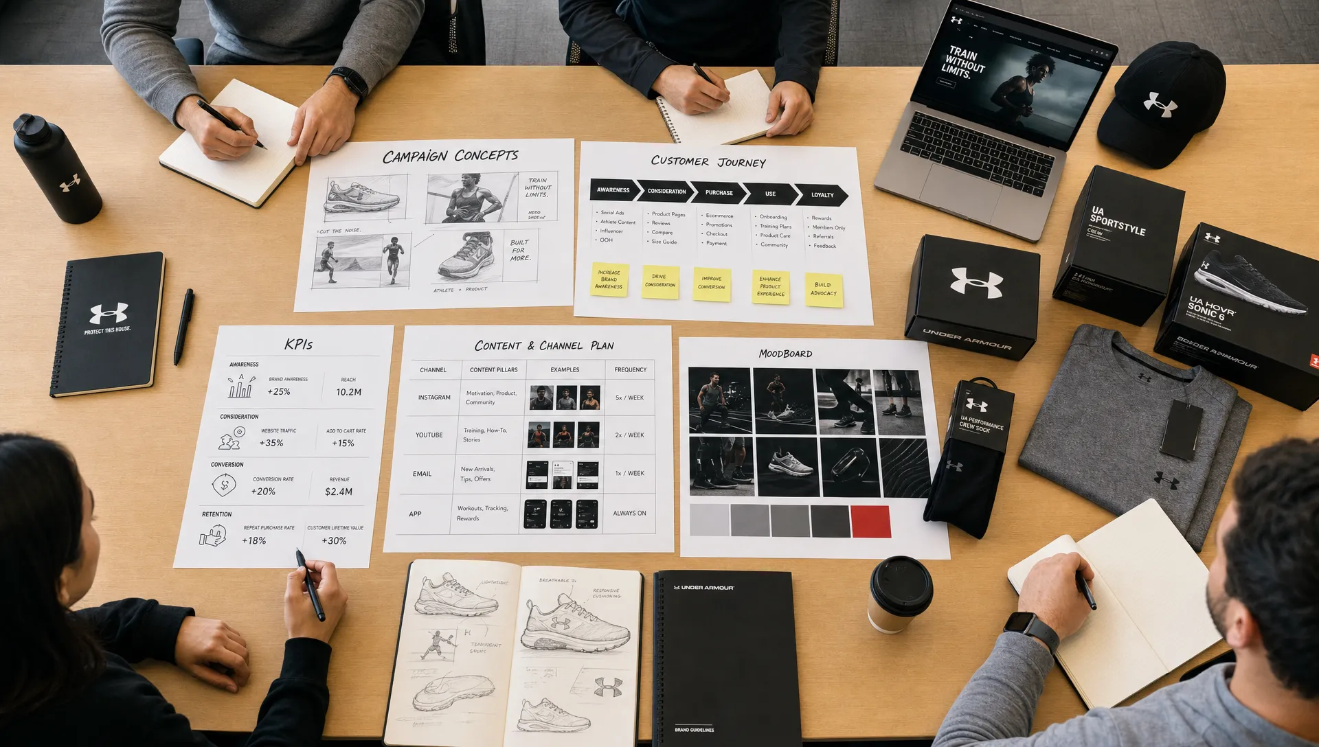 A conference table with sports products, campaign concept sketches, customer journey notes, KPI cards, and ecommerce packaging samples arranged for a strategic marketing planning session, seen from an overhead angle in a bright office meeting room.