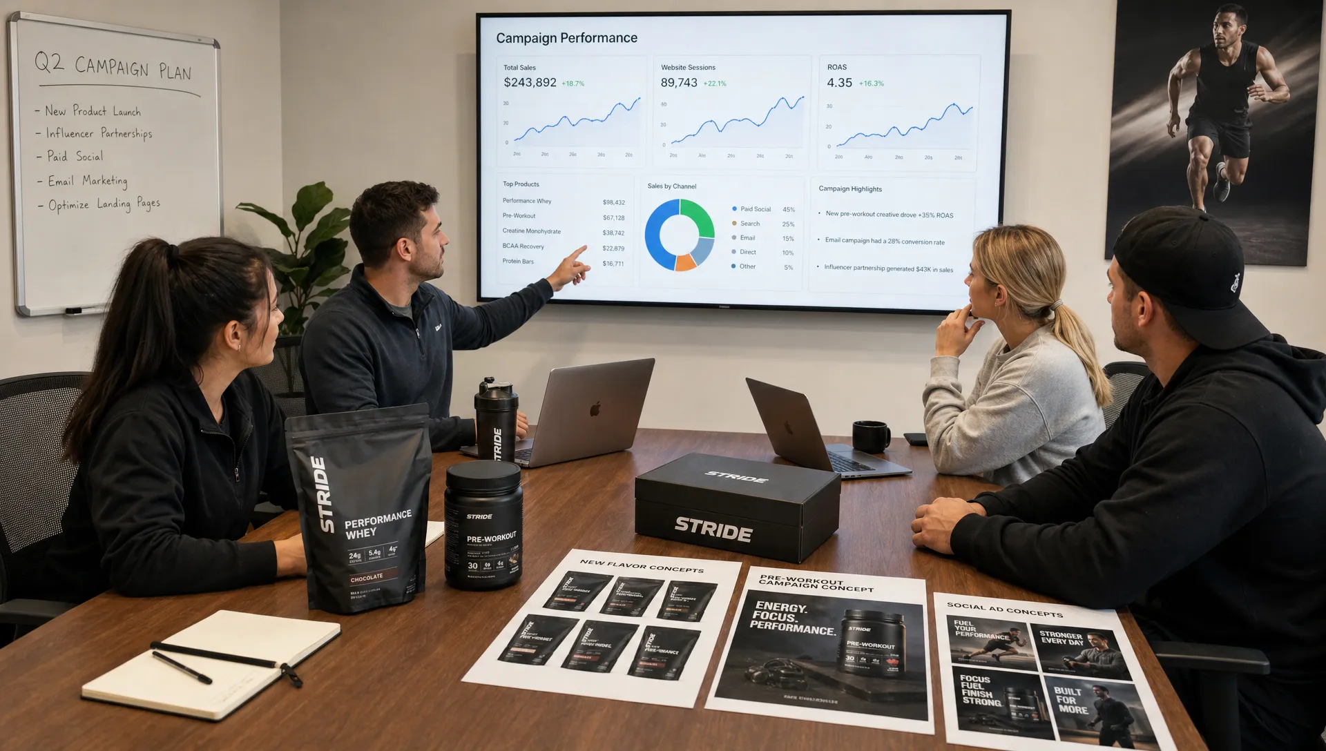 A sports ecommerce team reviewing campaign data, product packaging, and ad creative concepts on a conference table, with laptop screens facing the team and no objects hidden behind them.