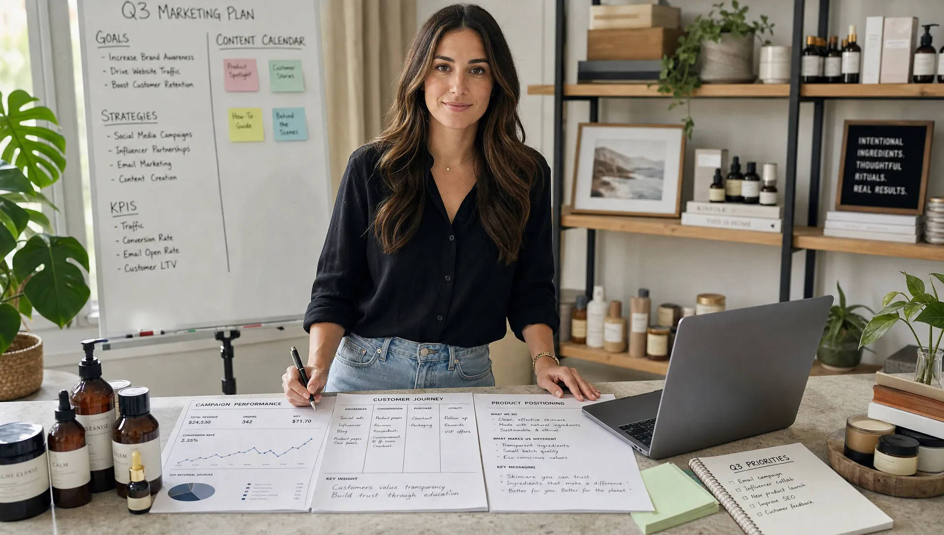 An ecommerce founder and marketing strategist reviewing campaign performance, customer journey notes, and product positioning ideas while standing at a counter with printed reports, product samples, and a laptop facing the viewer.