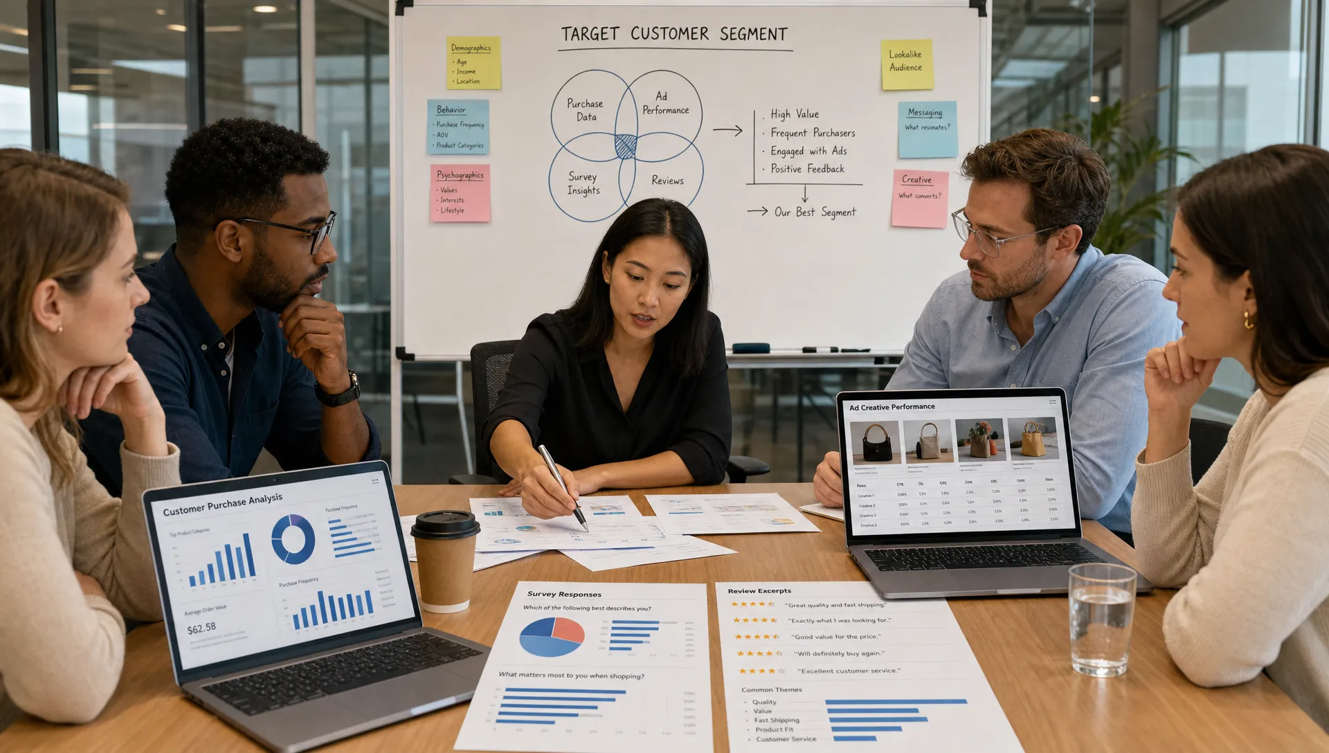 An ecommerce growth team reviewing customer purchase data, ad creative results, survey responses, and review excerpts around a shared table to identify the strongest target customer segment.