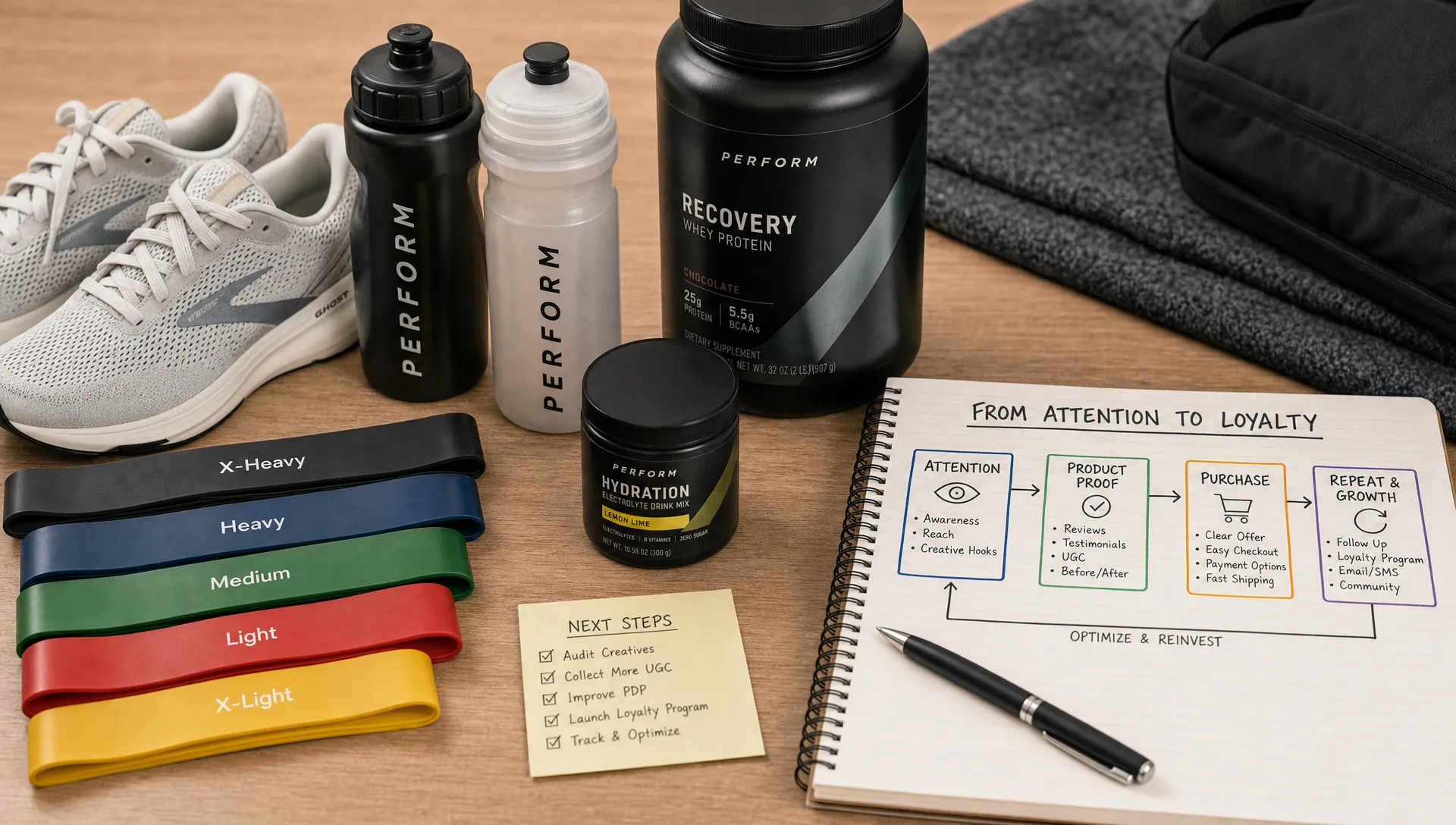 Sports ecommerce products including running shoes, resistance bands, hydration bottles, and recovery supplements arranged beside campaign notes showing the path from attention to product proof, purchase, and repeat customer growth.