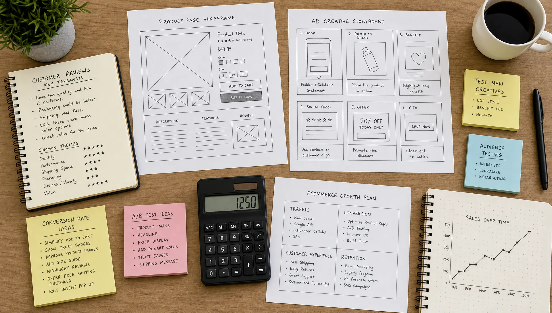 A table covered with ecommerce growth planning materials, including product page wireframes, ad creative storyboards, customer review notes, a calculator, and sticky notes for conversion rate ideas, seen from above in a quiet strategy studio.