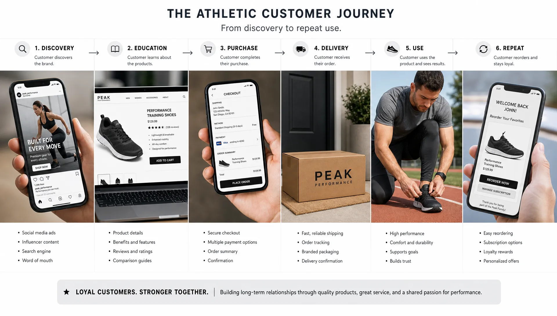Athletic products arranged in a connected customer journey from discovery to product education, purchase, delivery, and repeat use, shown as a clear full-funnel direct to consumer flow.