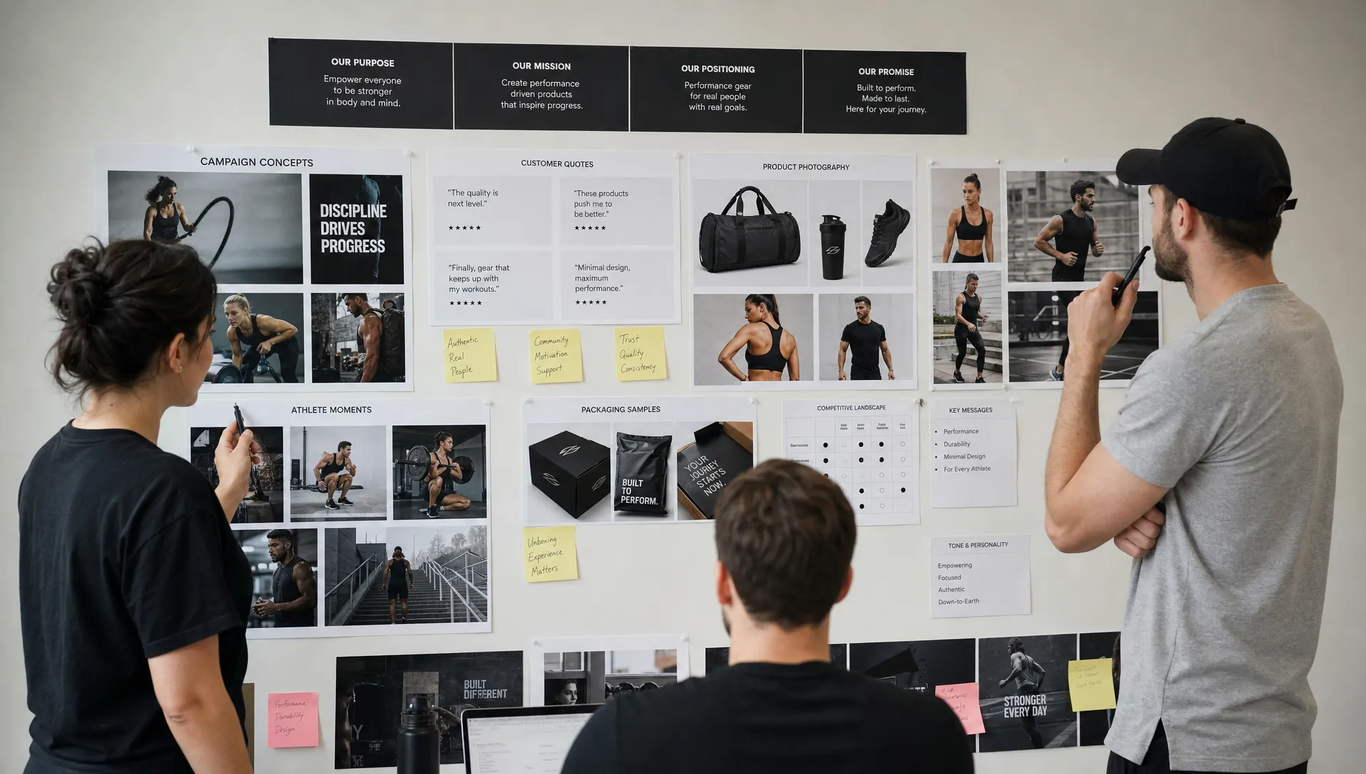 A sports brand team organizes campaign cards, customer quotes, product photos, athlete moments, and packaging samples on a wall to clarify market positioning for a fitness ecommerce brand.