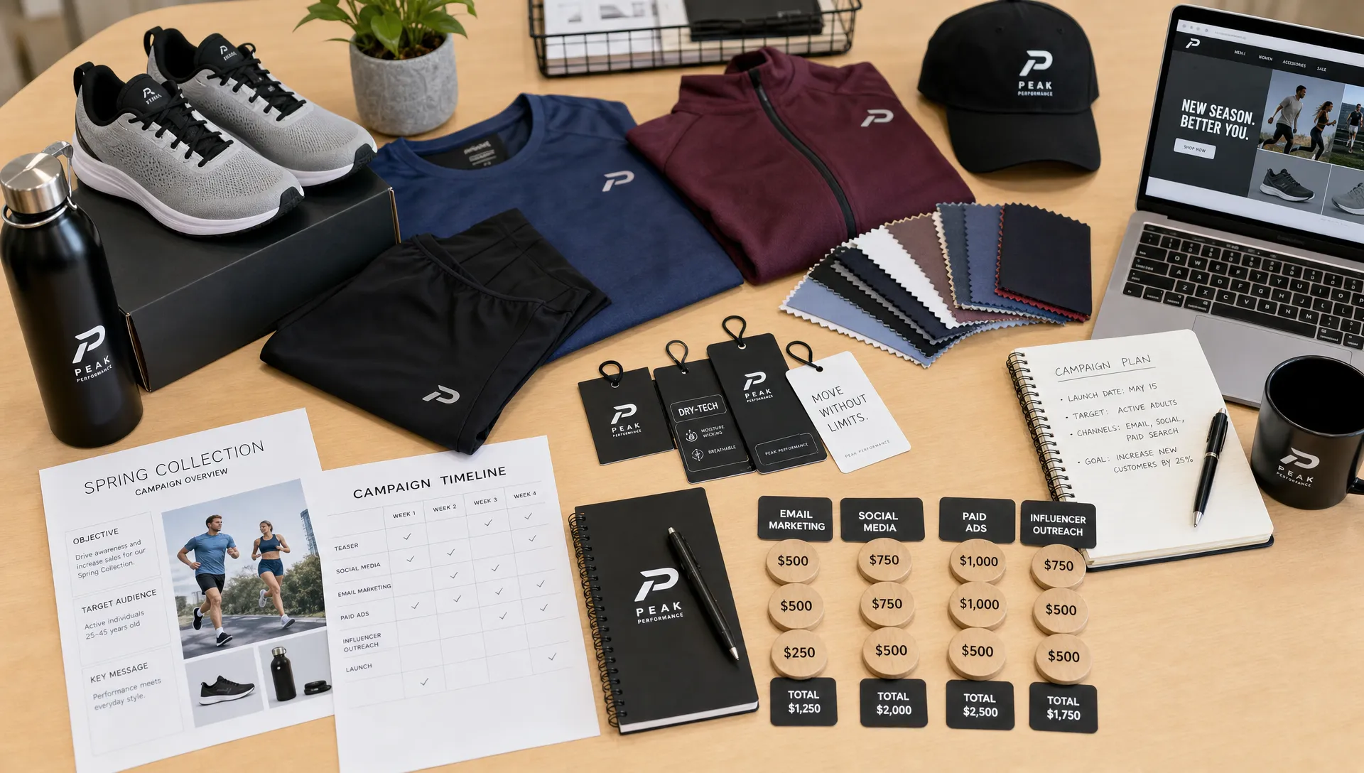 A neatly arranged ecommerce planning desk with athletic shoes, sportswear samples, a water bottle, product tags, and budget tokens grouped by campaign type, seen from a slightly elevated angle with the items spread across a larger work surface.