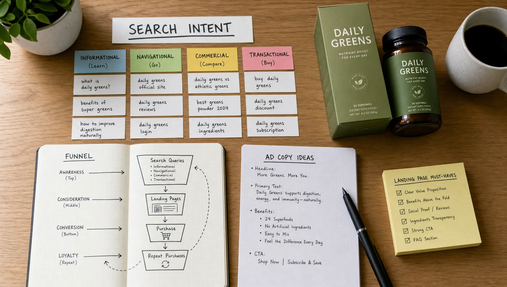 A tabletop workspace showing search intent cards, product packaging, ad copy notes, and a simple funnel sketch connecting search queries to landing pages and repeat purchases.