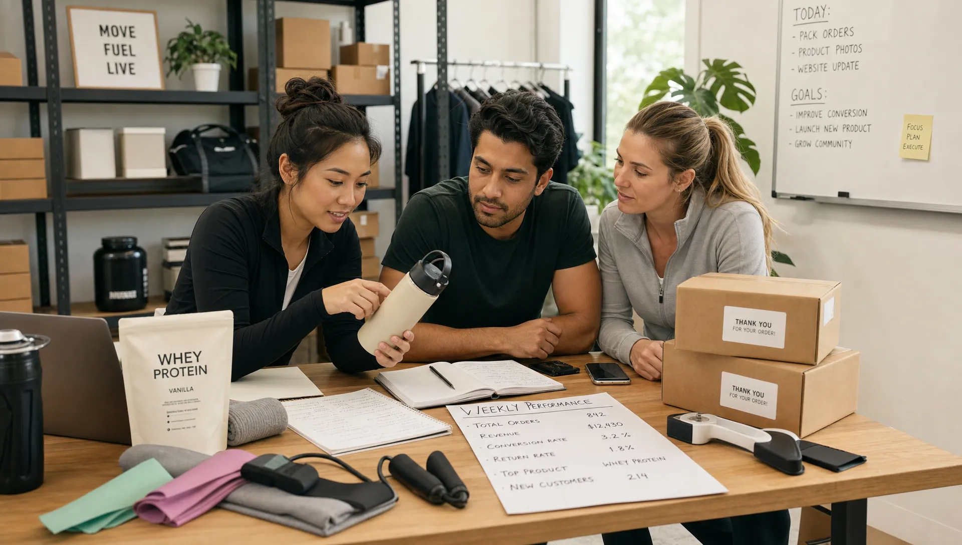 A small ecommerce team reviews product samples, packed orders, and handwritten performance notes on a worktable in a bright studio workspace, with sports and wellness products arranged neatly around them.