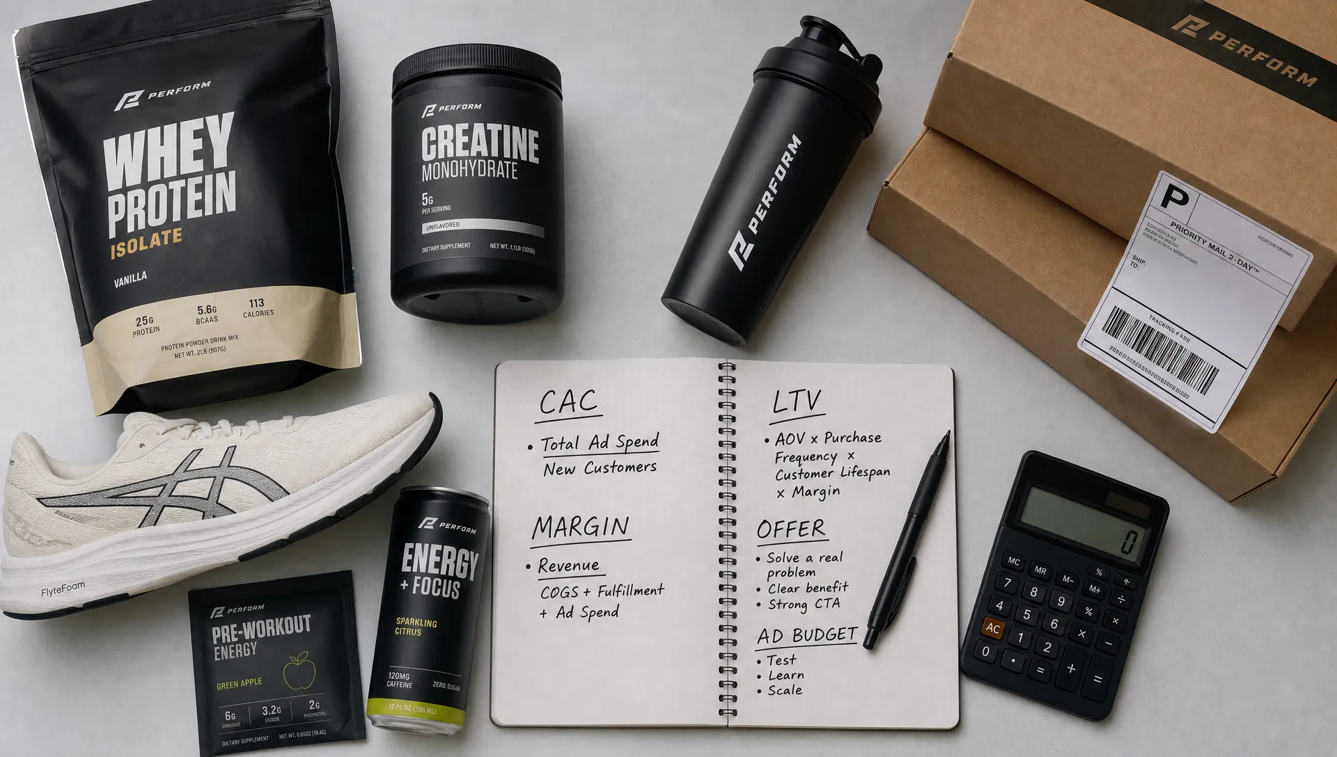 A tabletop arrangement of sports nutrition products, a running shoe, a hydration bottle, shipping boxes, and handwritten notes labeled CAC, margin, LTV, offer, and ad budget, shown from an overhead view on a clean studio table.