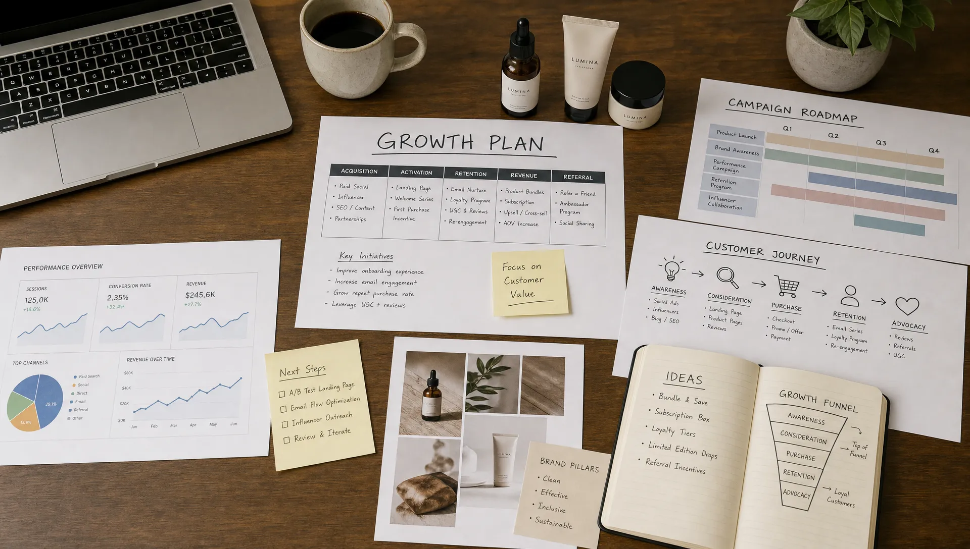 A modern growth planning table with product samples, campaign notes, customer journey sketches, and analytics printouts arranged together for mapping a scalable marketing strategy.