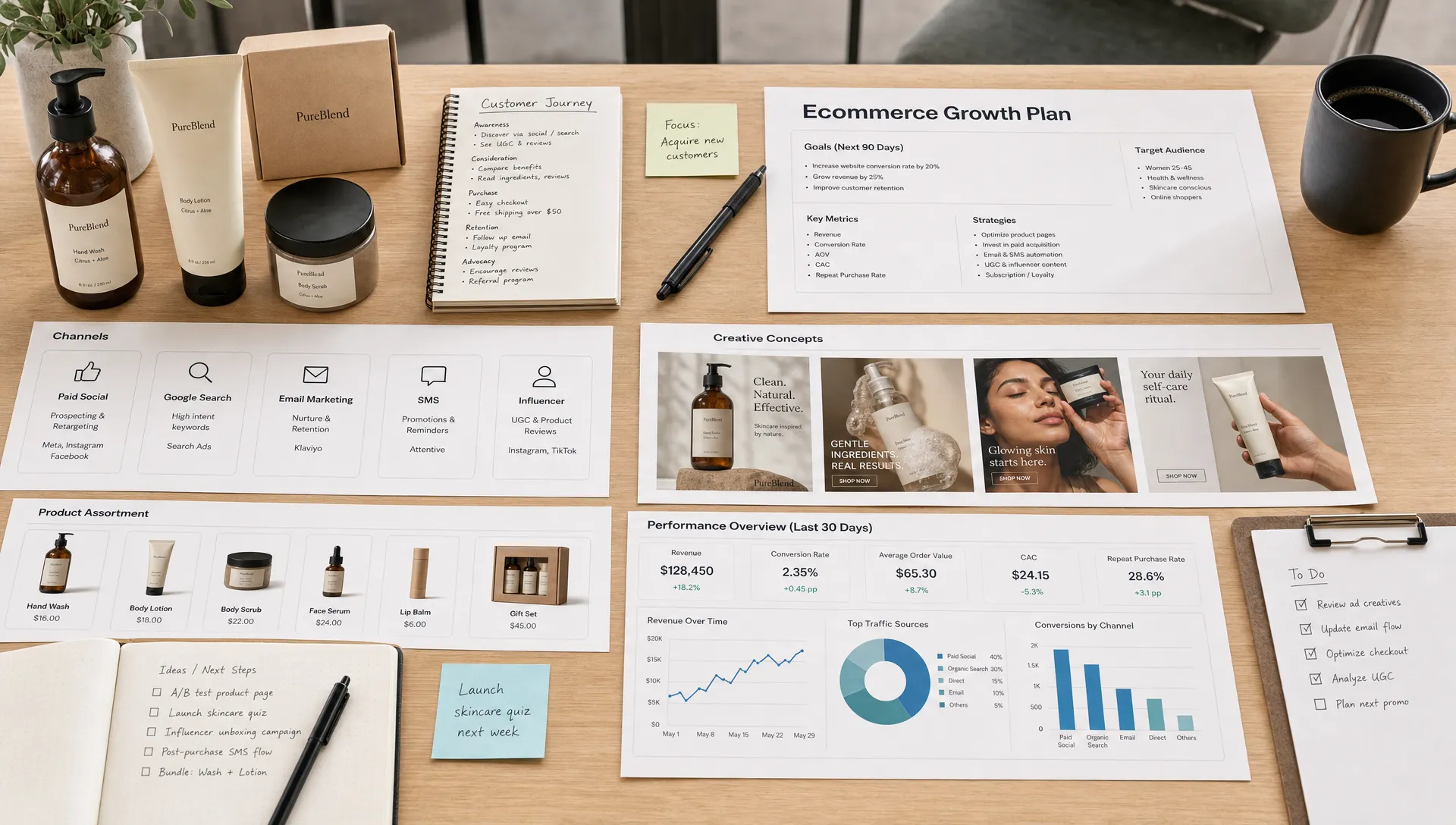 An ecommerce growth planning table with product samples, customer journey notes, channel cards, creative concepts, and performance charts arranged across a tabletop in a quiet studio setting.