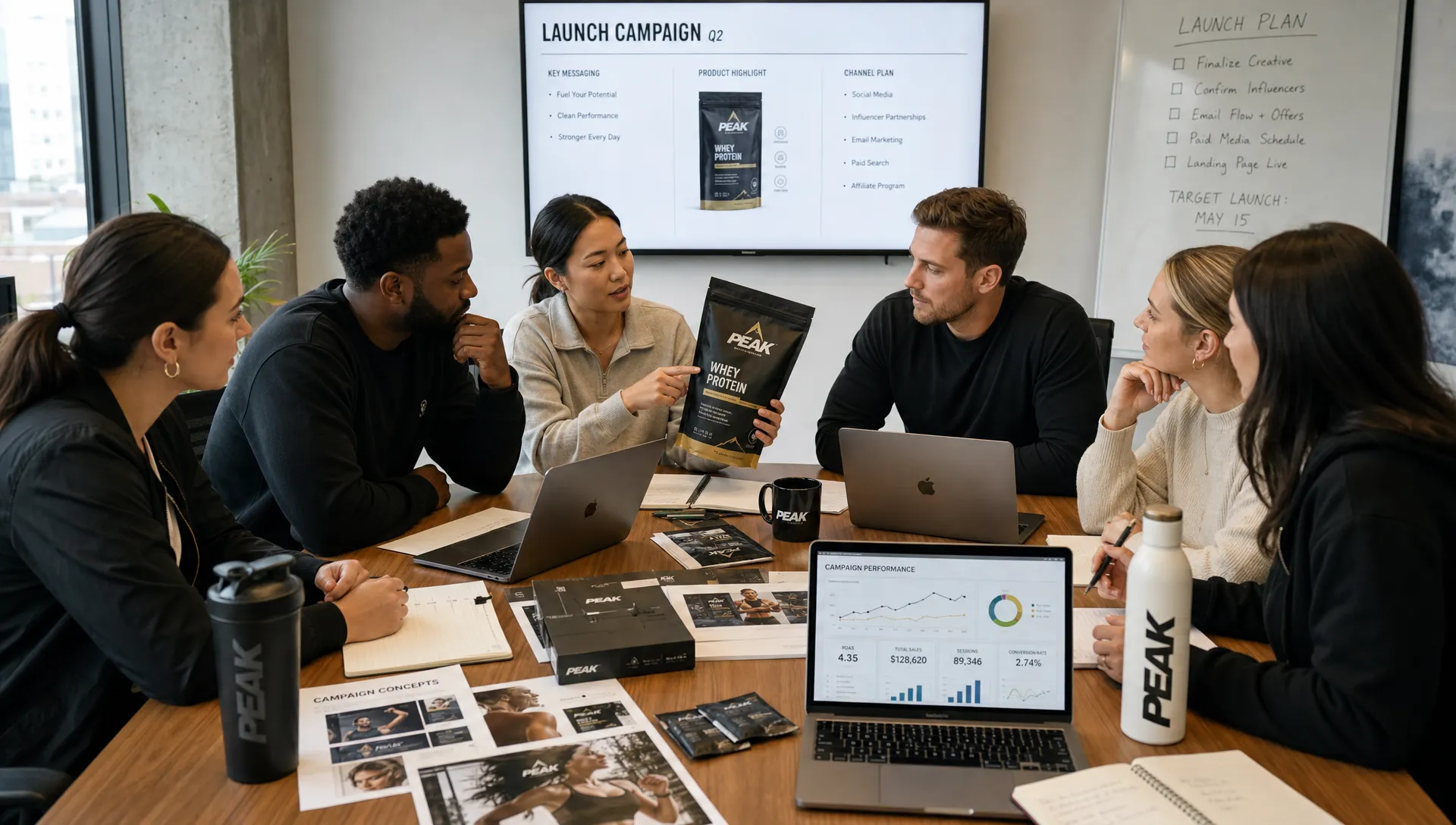 A sports and wellness ecommerce team gathered around a conference table reviewing campaign materials, product packaging, media coverage notes, and performance metrics during a launch planning session.