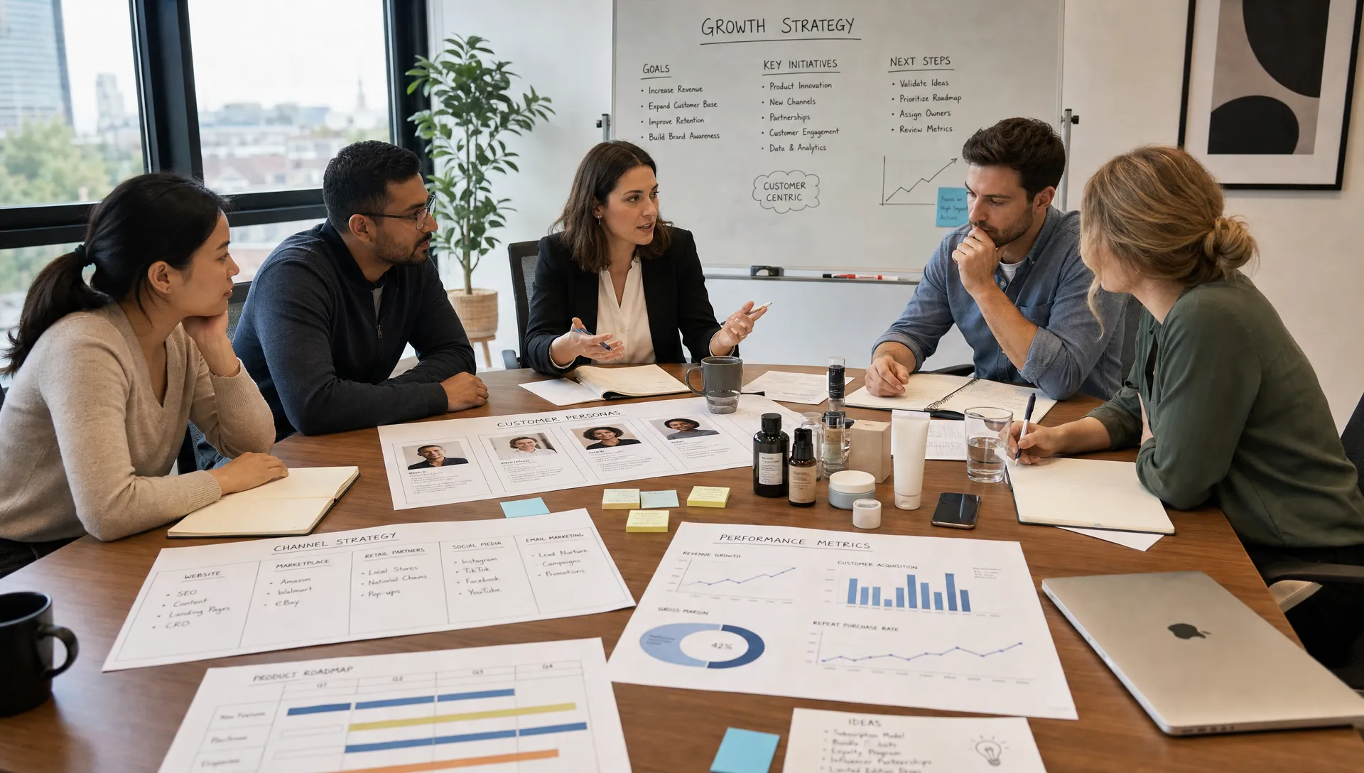 A team planning a company growth strategy around product samples, customer persona cards, channel notes, and performance metrics spread across a conference table in a bright office meeting room.