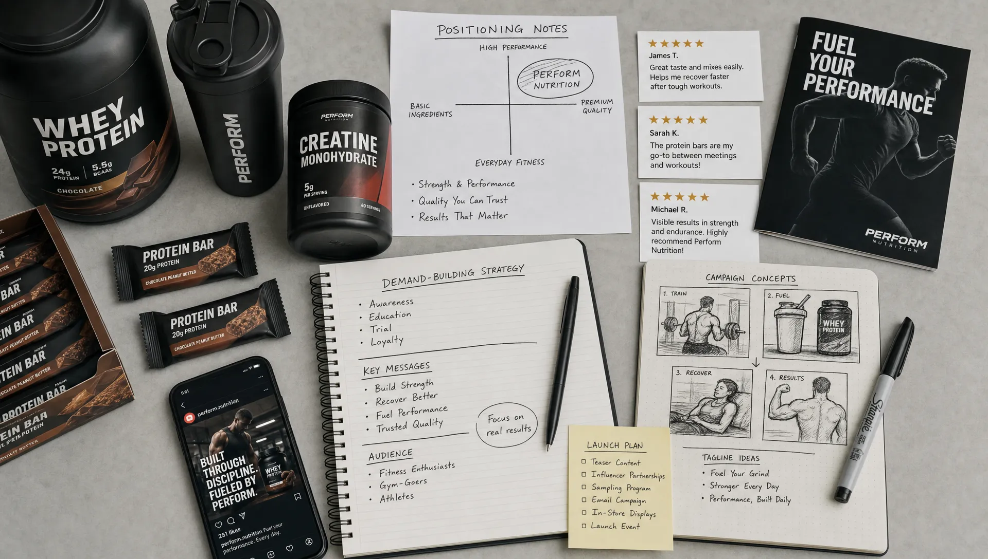 A flat lay of sports nutrition products, handwritten positioning notes, customer review cards, and campaign concept sketches arranged on a studio table for planning demand-building strategy.