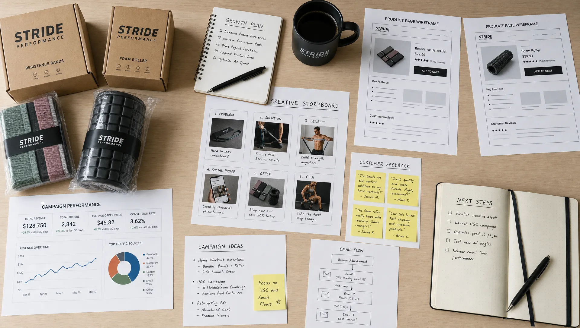 A D2C ecommerce growth workspace with packaged fitness products, creative storyboard cards, customer review notes, product page wireframes, and printed campaign metrics arranged on a desk, shown from an overhead view with the materials spread across a clean planning table.