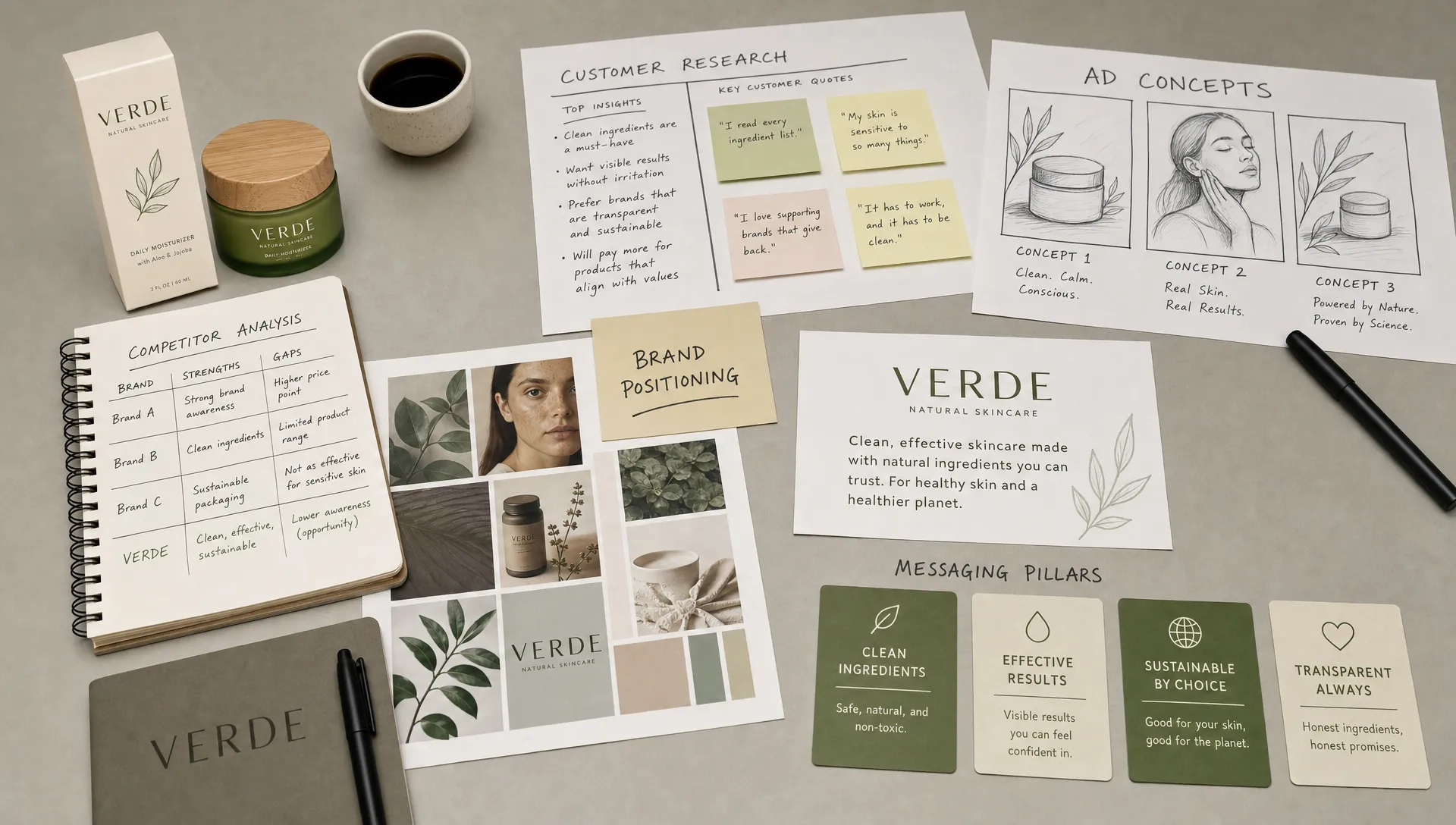 A branded strategy table in a studio setting with product packaging, customer research notes, ad concept sketches, and messaging cards arranged to show market positioning work in progress.