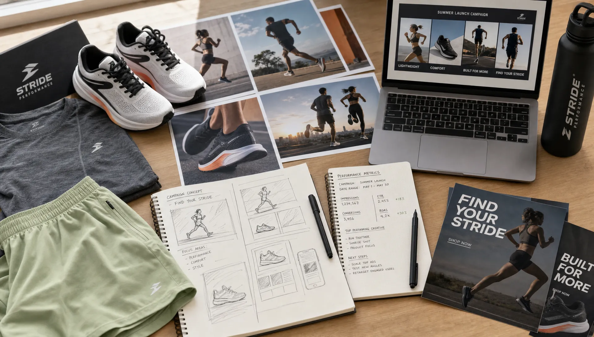 A sports ecommerce campaign planning scene with product samples, athlete lifestyle photos, ad creative sketches, and performance metrics notes arranged on a table in a bright studio.