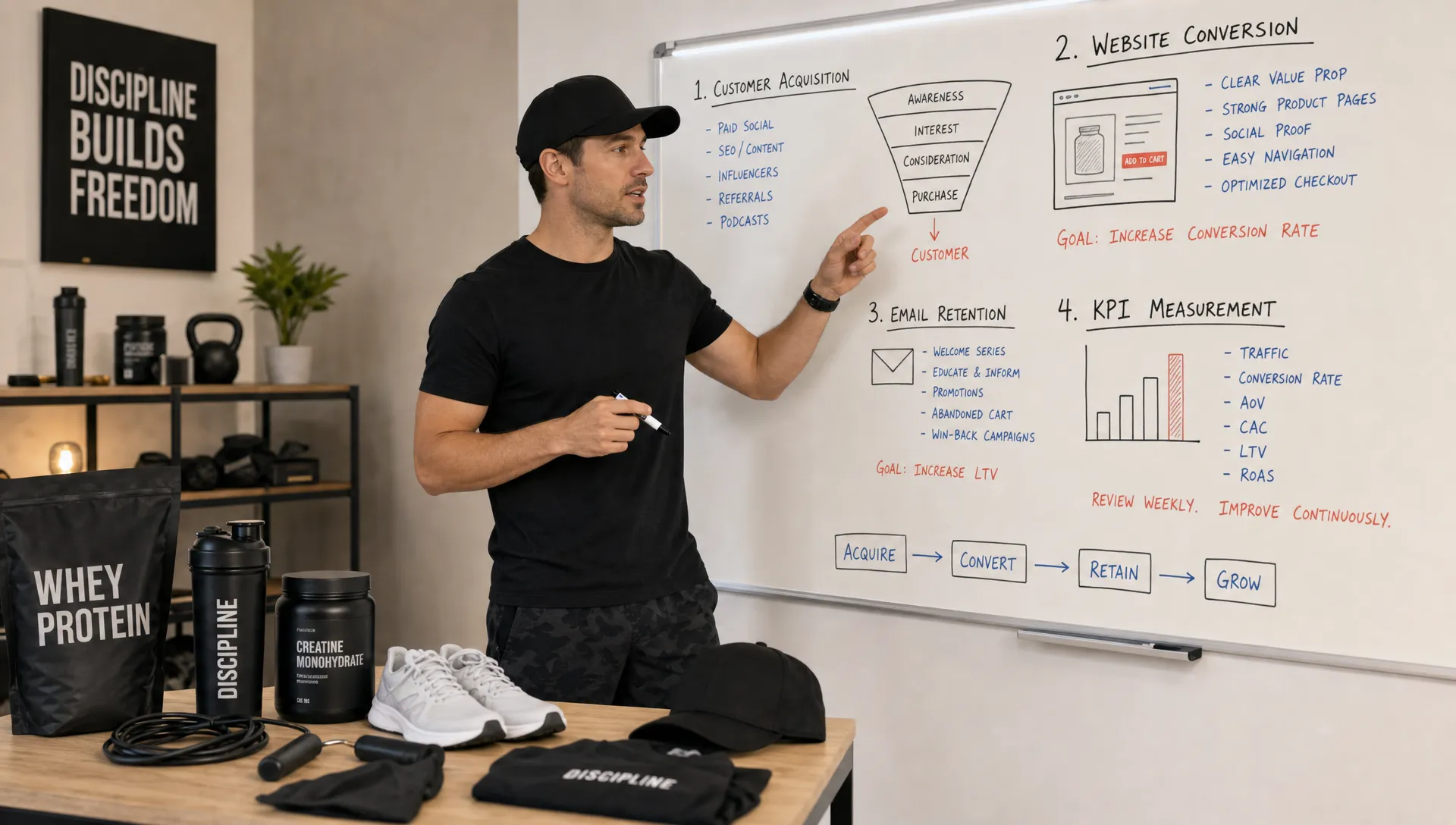 A fitness ecommerce founder and marketing consultant reviewing customer acquisition, website conversion, email retention, and KPI measurement on a whiteboard in a studio, with sports products laid out on a nearby table.