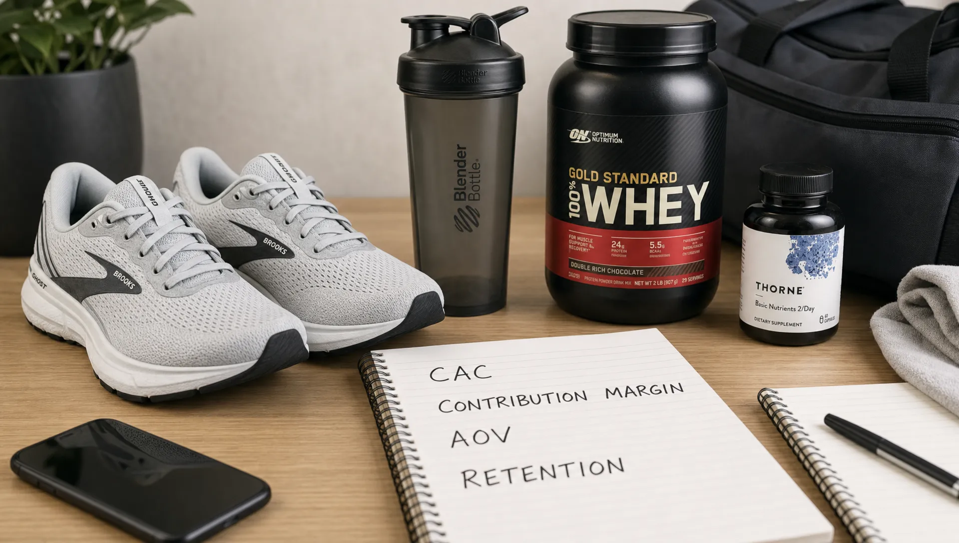 Sports ecommerce products including running shoes, a shaker bottle, and wellness supplements arranged beside notes labeled CAC, contribution margin, AOV, and retention.