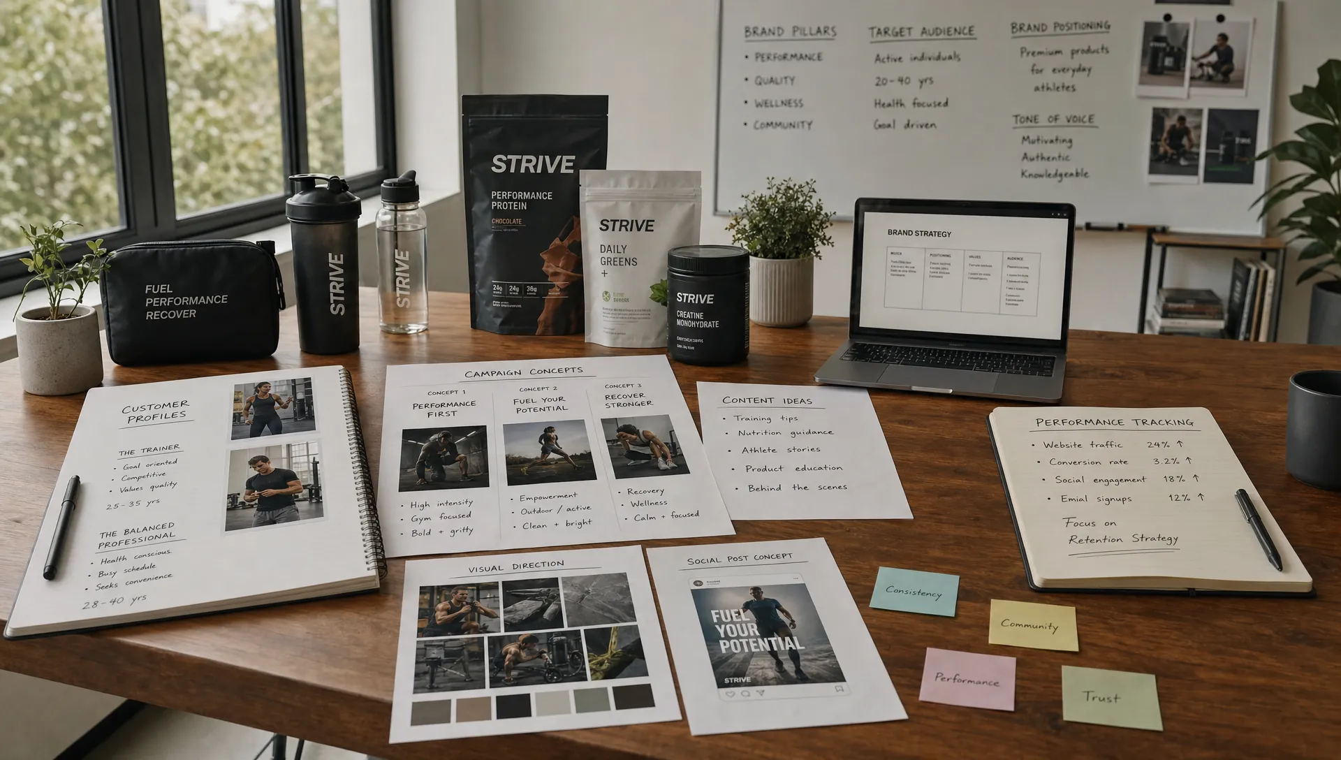 A sports and wellness brand strategy workspace with product packaging, customer profile notes, campaign sketches, and performance notes arranged across a long table in a quiet studio.