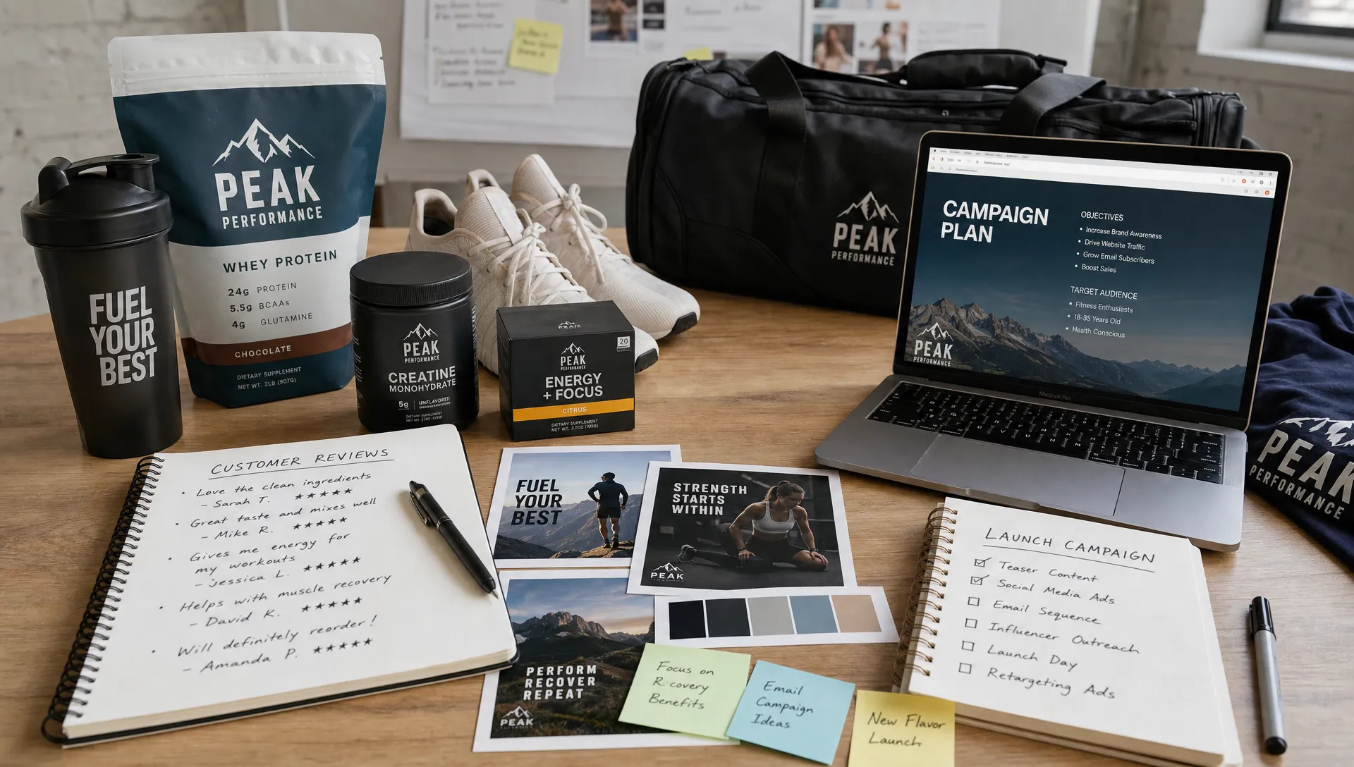 A sports and wellness ecommerce demand-building workspace with product packaging, athletic gear, customer review notes, creative concept cards, and campaign planning materials spread across a table.