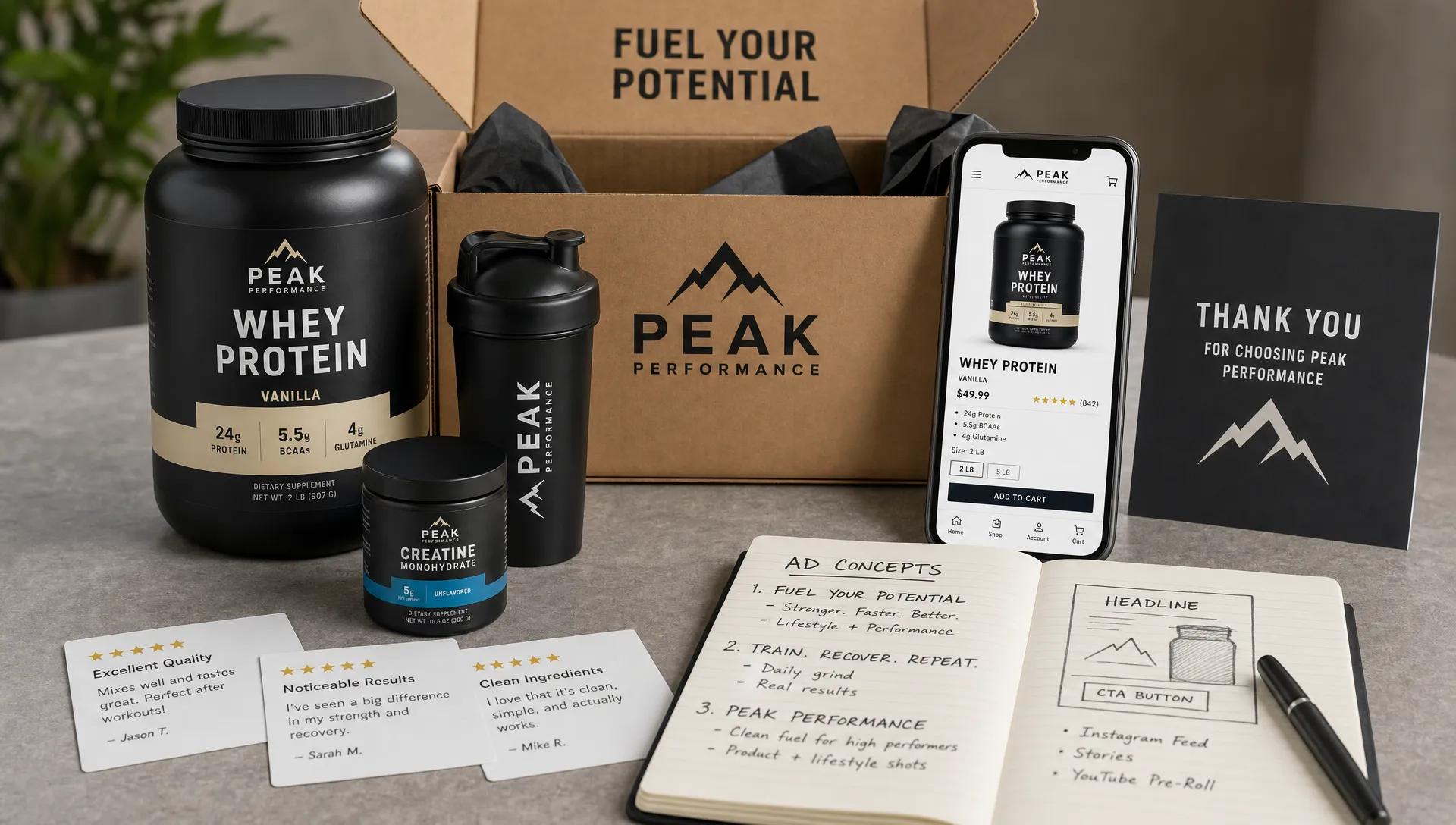 A fitness ecommerce brand unboxing scene showing branded product packaging, supplement containers, customer review cards, ad concept notes, and a mobile shopping page on a phone with the screen upright and facing the viewer.