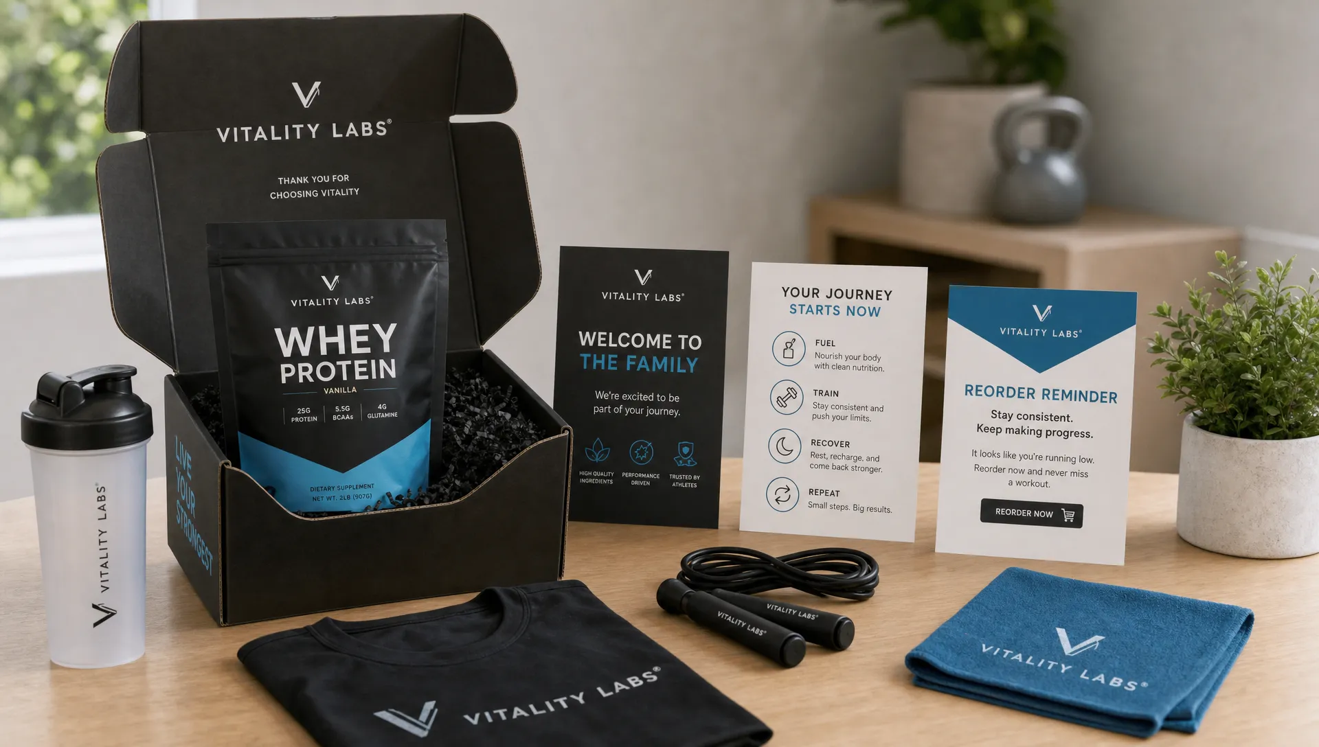 A branded table setup with product packaging, a welcome card, a reorder reminder, and fitness accessories, showing the path from first purchase to repeat purchase.