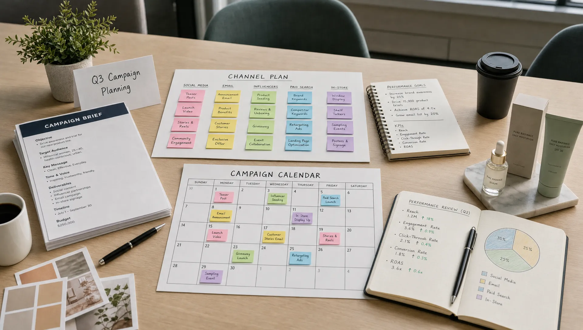 A marketing planning table with campaign briefs, channel sticky notes, a monthly calendar, performance notes, and product samples arranged for review.