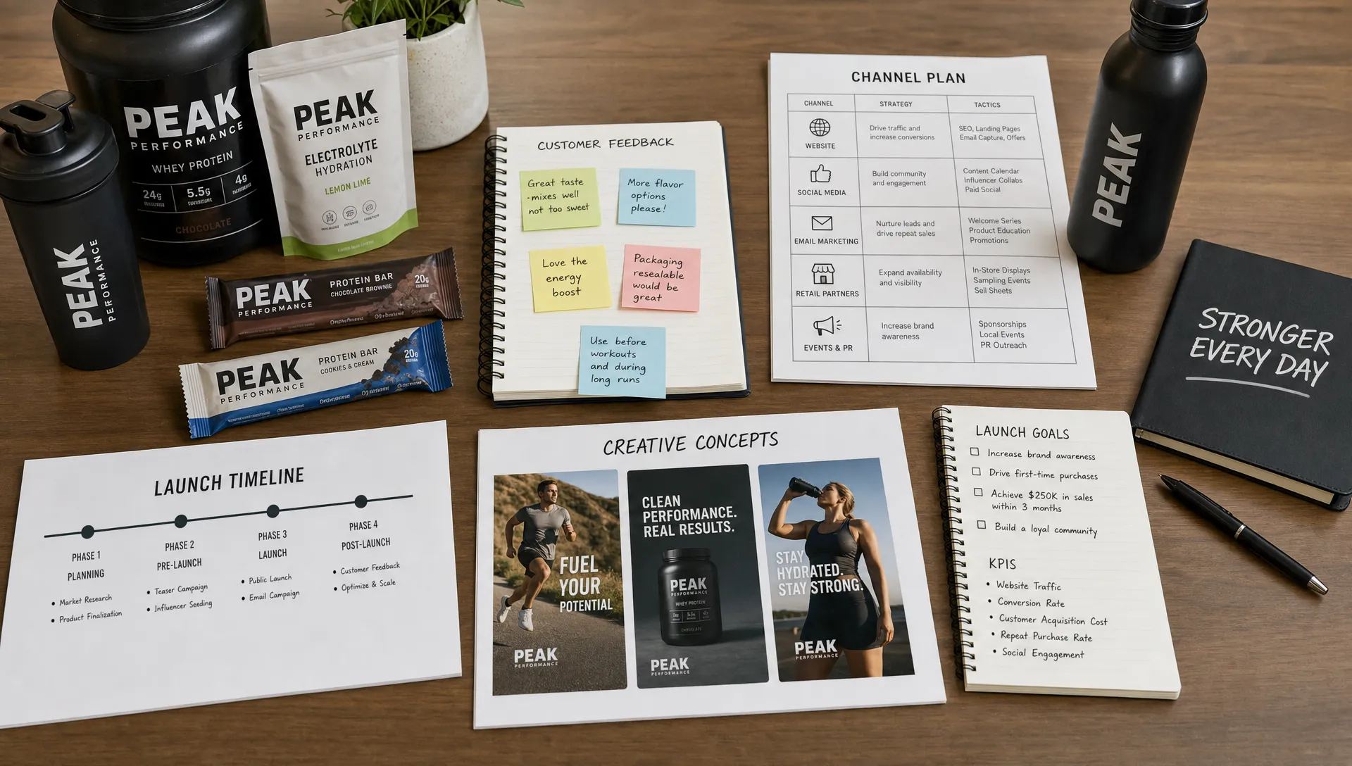 A sports and wellness launch table with product samples, customer notes, channel plans, and creative concepts arranged together.