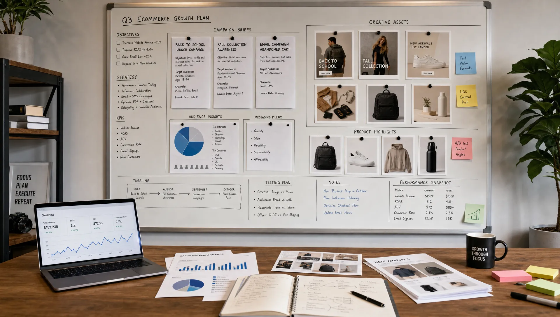 An ecommerce growth workspace with campaign briefs, creative assets, product images, and performance notes arranged around a planning board.