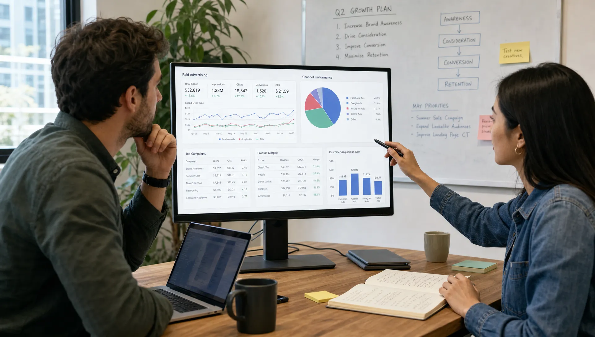 An ecommerce founder and a marketing strategist review paid advertising metrics, product margins, and customer acquisition costs on a shared workspace with charts and notes.