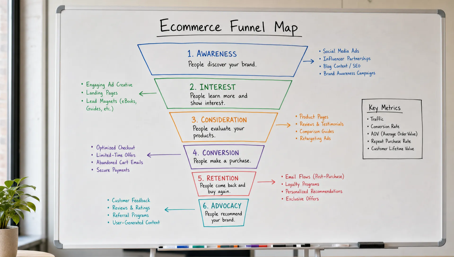 A whiteboard funnel map shows ecommerce stages from awareness to advocacy with notes for ads, product pages, email flows, customer feedback, and repeat purchase.