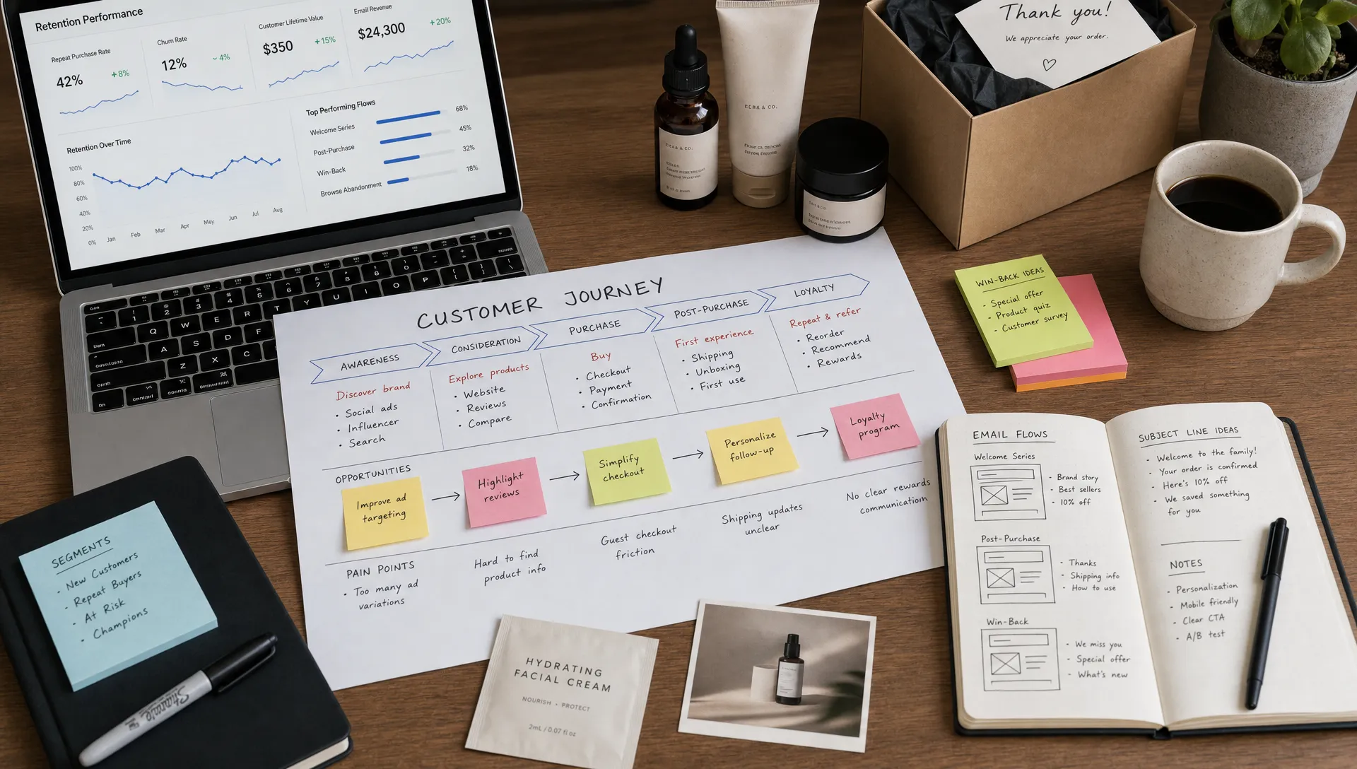 A retention strategy workspace shows customer journey notes, product samples, email sketches, and performance metrics on a desk.