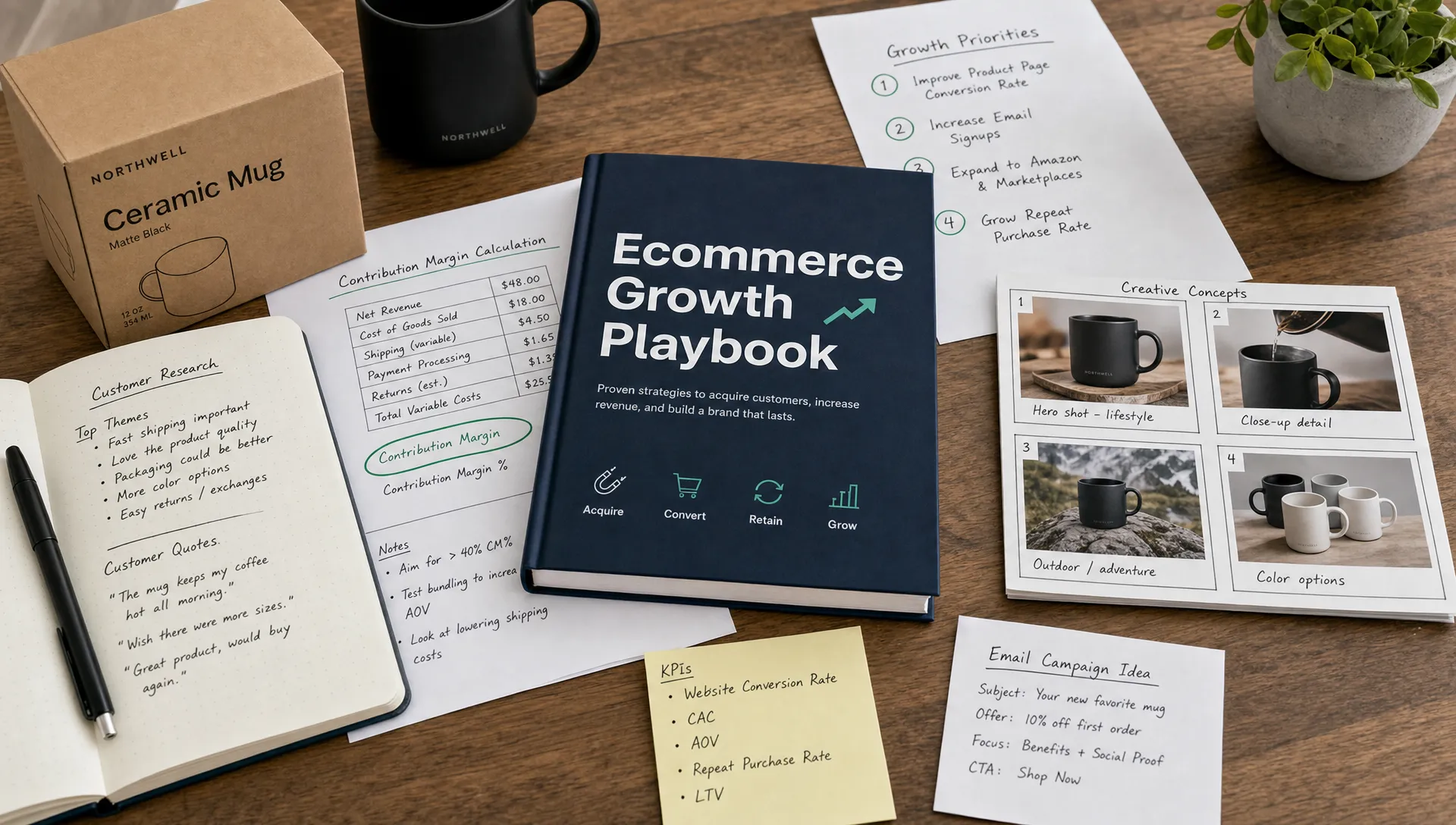 A tabletop with product packaging, customer research notes, contribution margin calculations, and creative storyboard cards laid out around an ecommerce growth playbook.