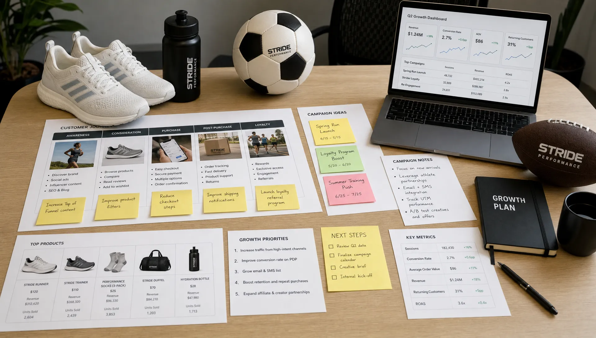 A planning table with sports products, customer journey cards, campaign notes, and performance metrics arranged for a growth session.